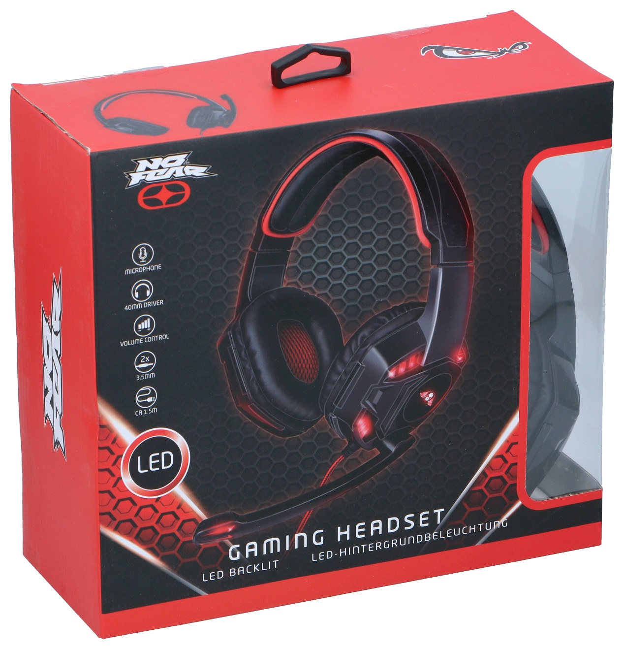 Gaming-Headset in einem roten Karton. Die Kopfhörer sind schwarz und rot mit Mikrofon.