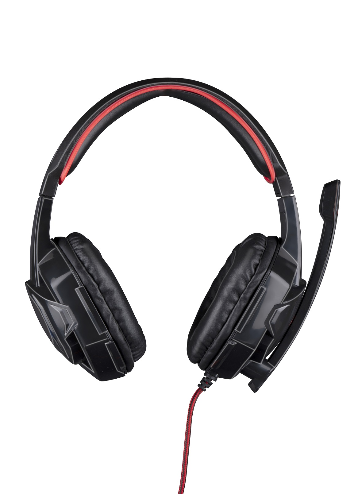 Schwarzes Gaming-Headset mit roten Akzenten und Mikrofon auf weißem Hintergrund.