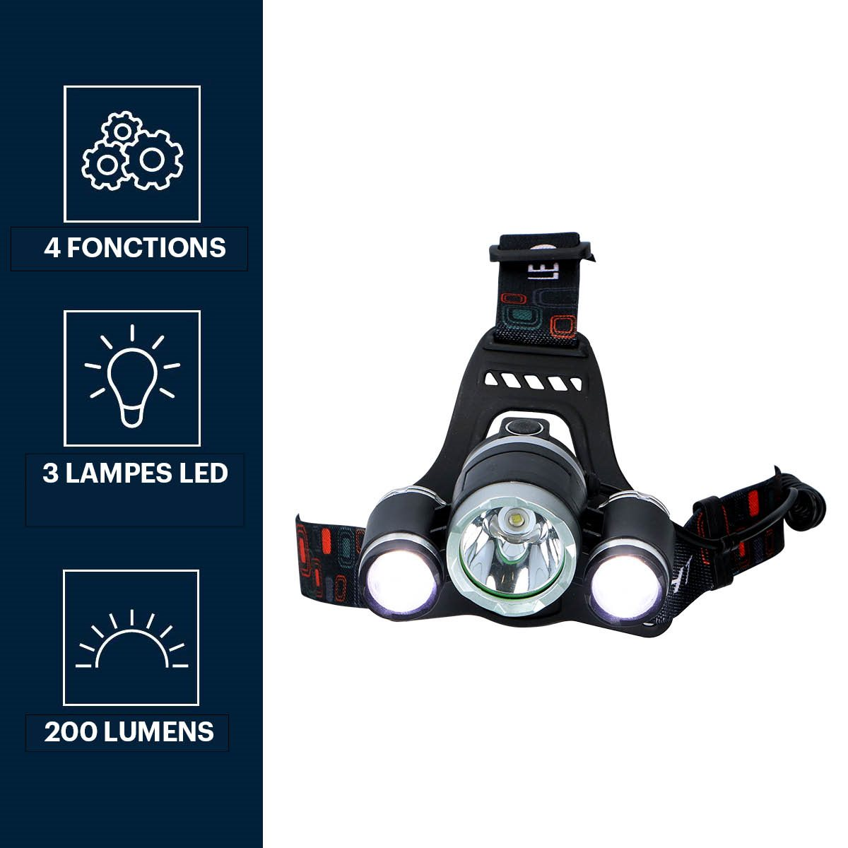 Koplamp met 3 LED-lampjes. De grafiek toont 4 functies, 200 lumen.