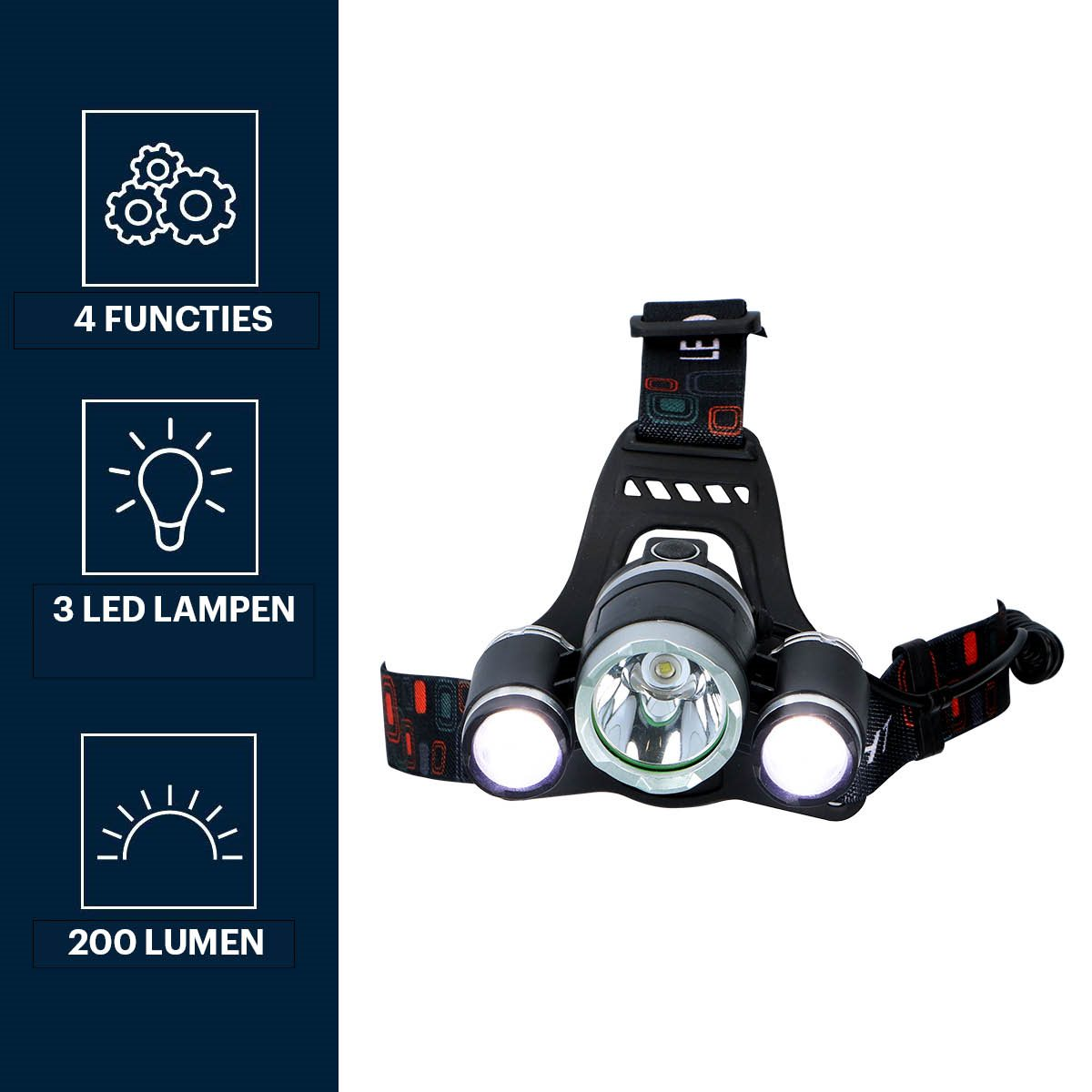 Een zwarte hoofdlamp met 3 LED-lampen en pictogrammen voor functies en lumen.