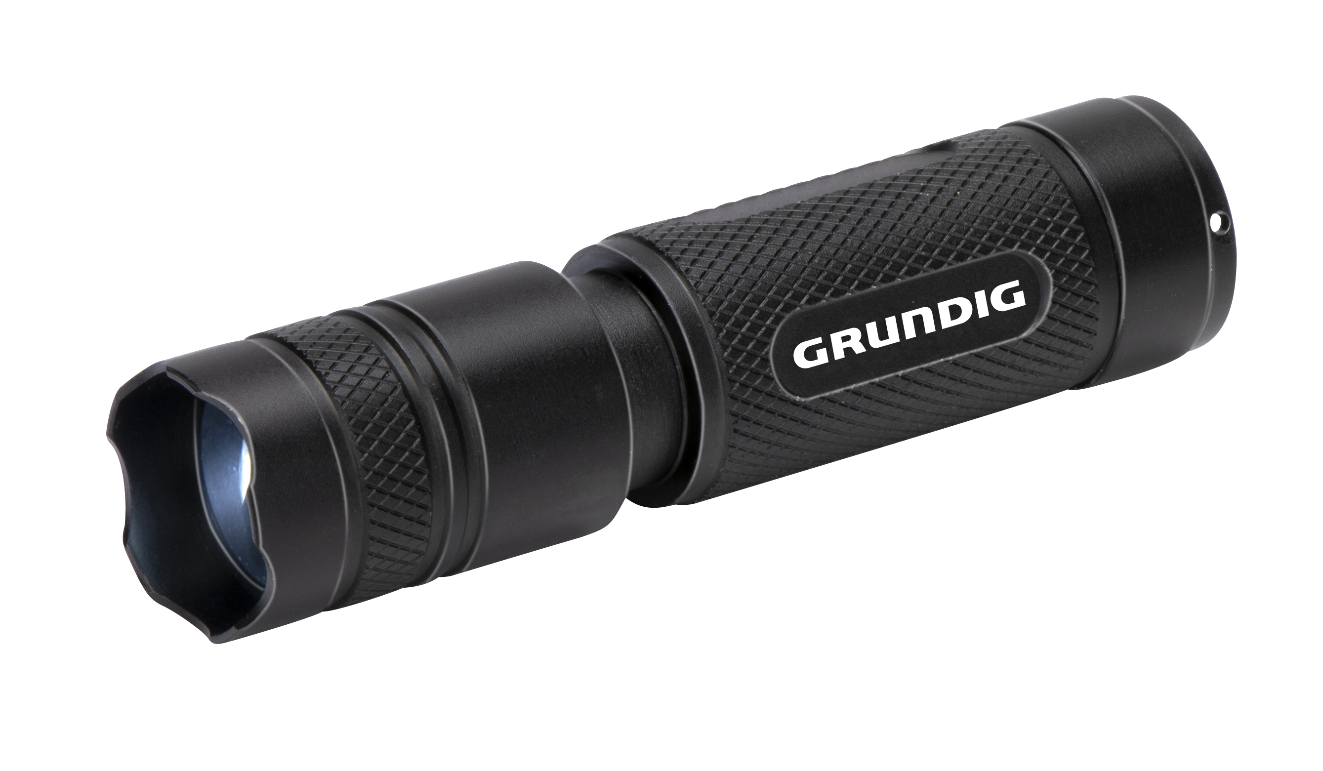 Zwarte Grundig-zaklamp met getextureerde grip, op een witte achtergrond, schuine weergave.