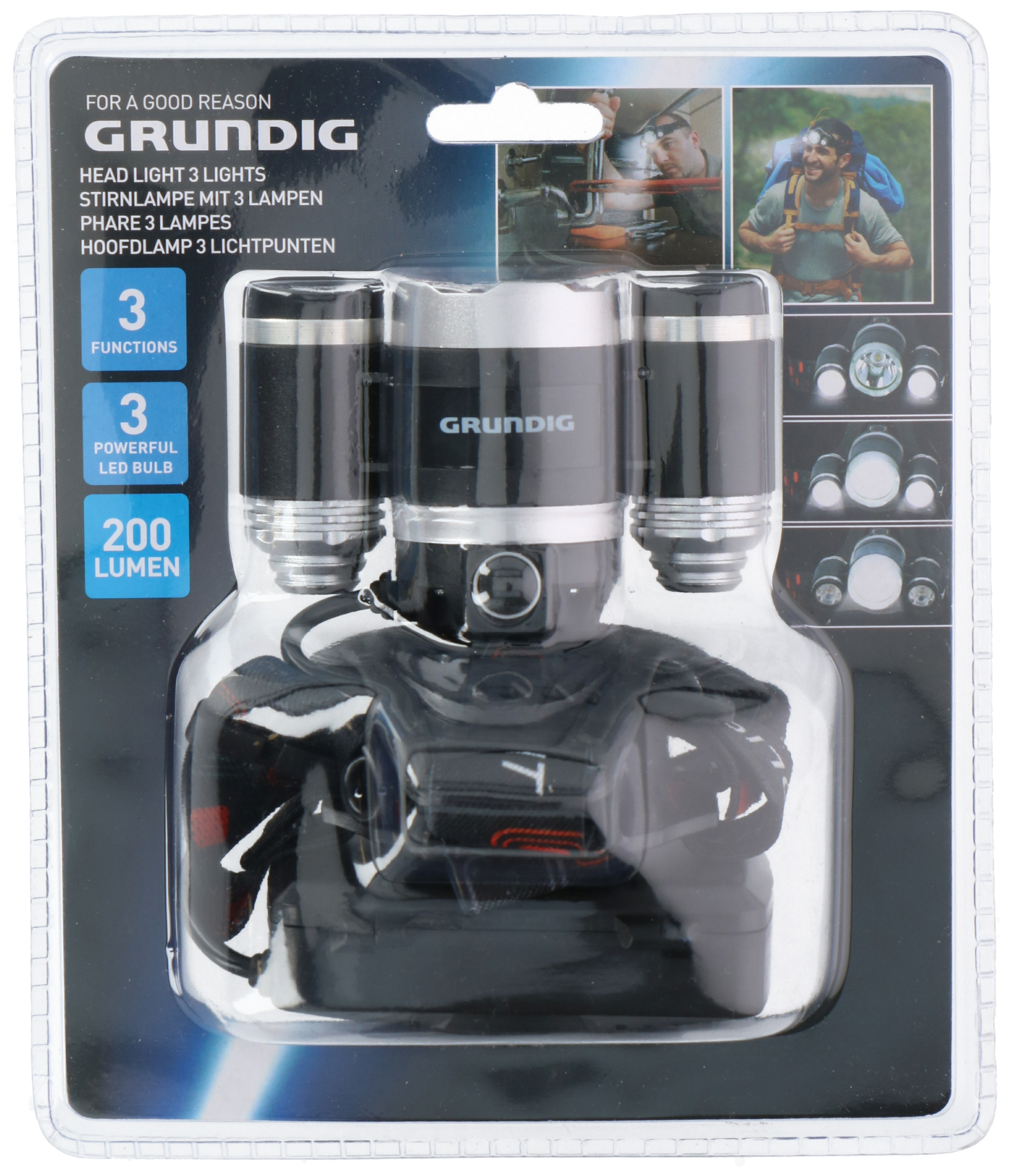 Eine Grundig-Stirnlampe in der Verpackung, mit 3 Lichtern und 200 Lumen.