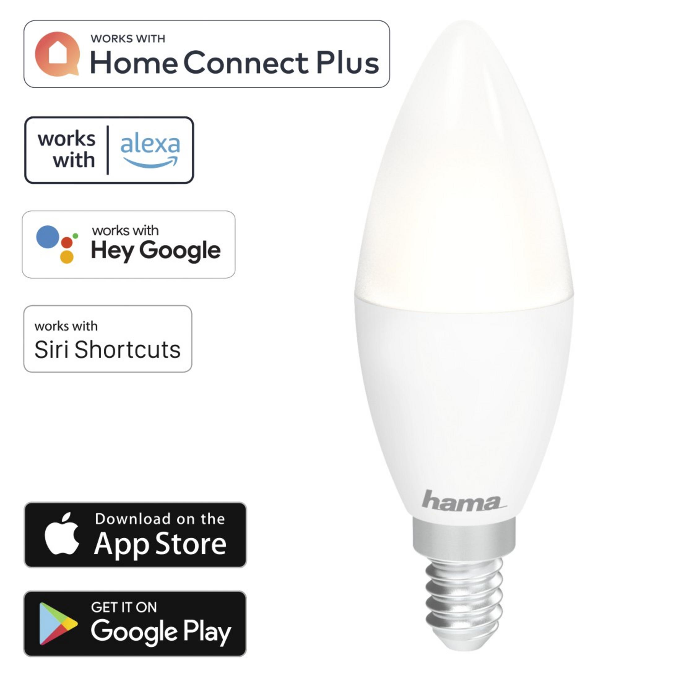 Bombilla LED blanca y plateada. Tiene logotipos de conectividad de hogar inteligente.
