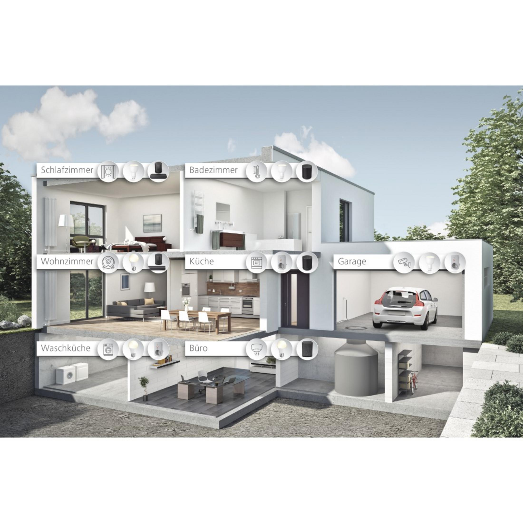 Przekrój domu pokazujący pokoje i technologię inteligentnego domu ze światłami.