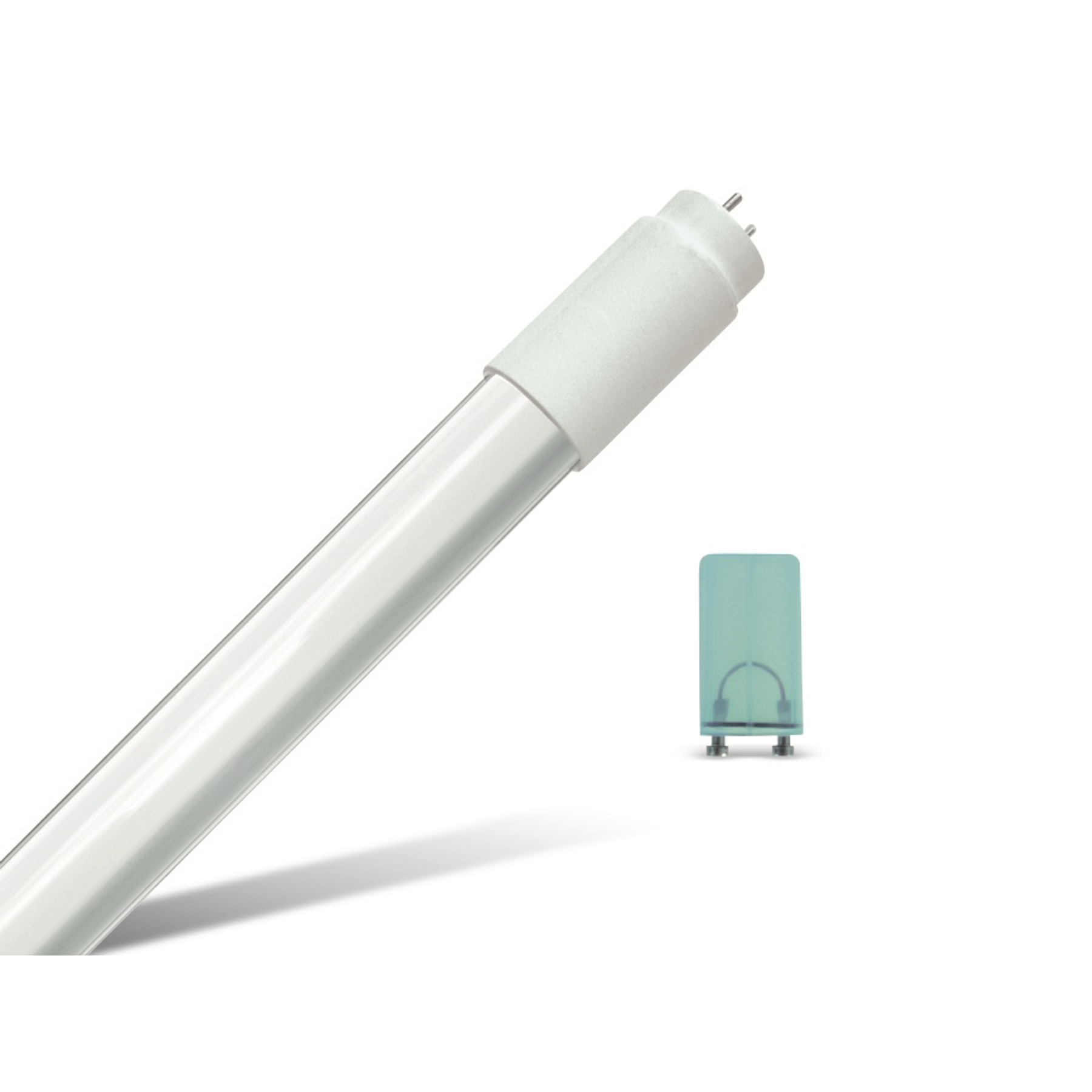 Biała świetlówka i zielona zaślepka, oba na białym tle.