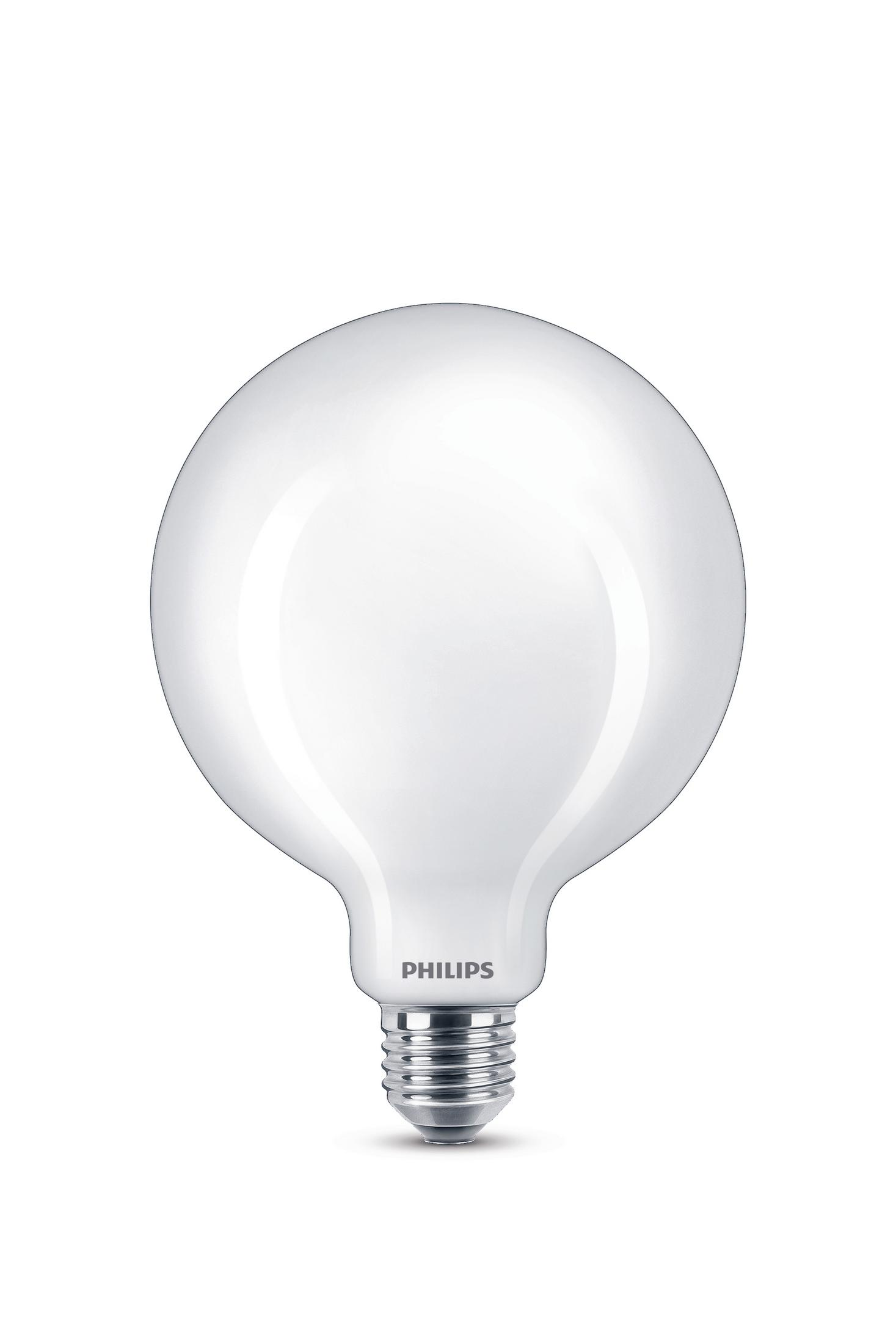 Eine weiße, kugelförmige Philips Glühbirne mit silbernem Sockel, isoliert auf weißem Hintergrund.