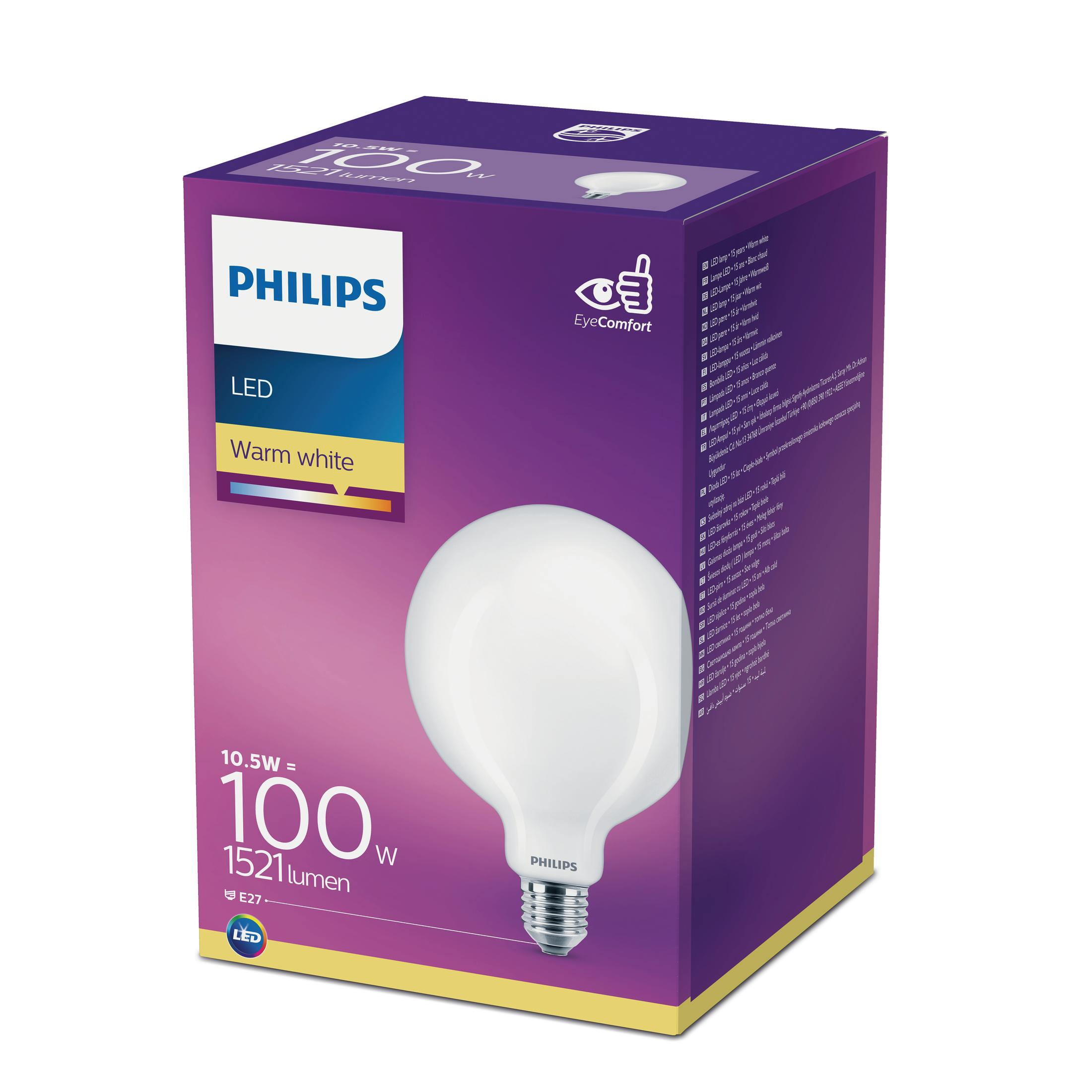 Eine weiße Philips LED-Glühbirne in einer bunten Schachtel. Die Schachtel zeigt Produktinformationen.