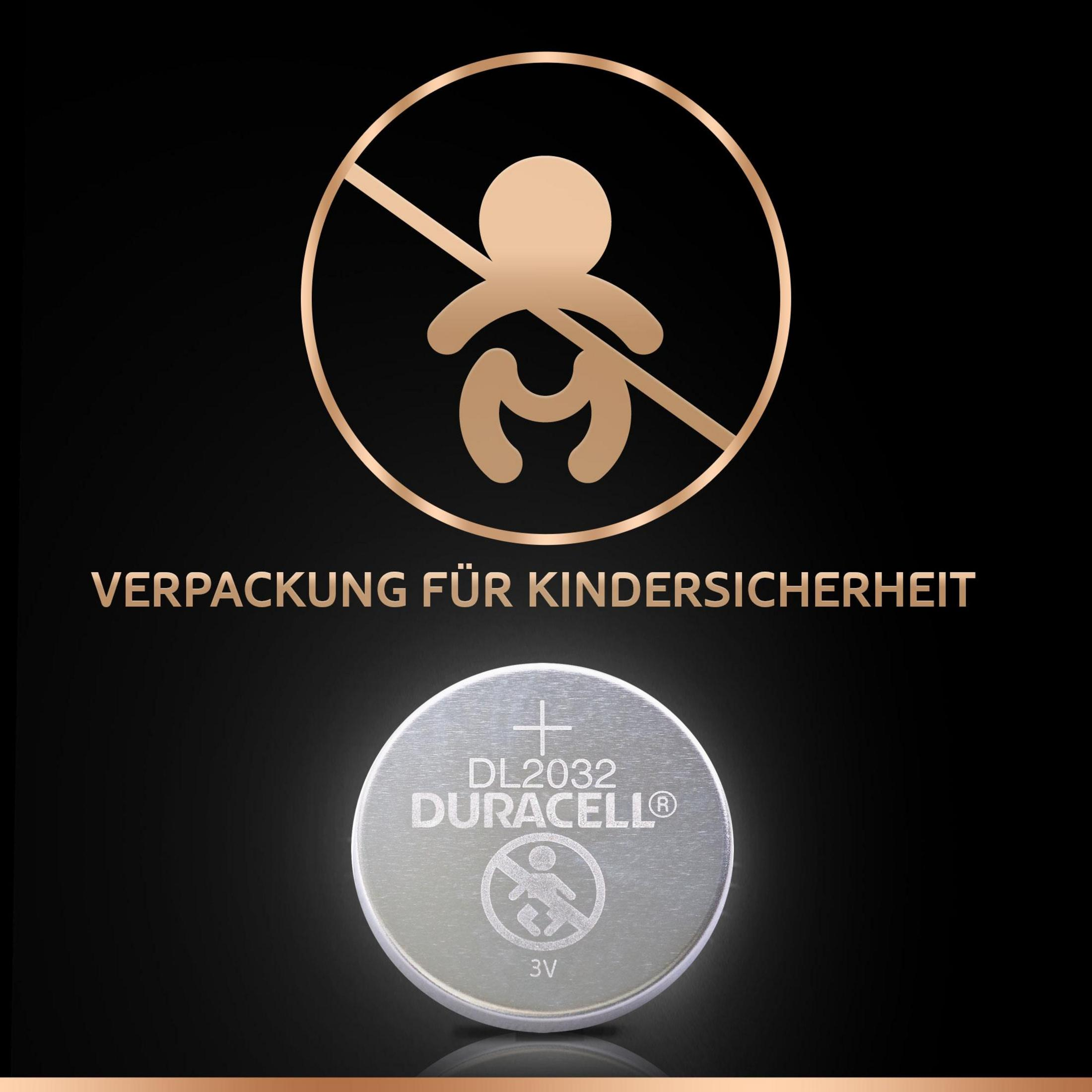 Kindersichere Verpackung. Enthält eine Duracell-Batterie. Kreis mit durchgestrichenem Kindersymbol. Schwarzer Hintergrund.