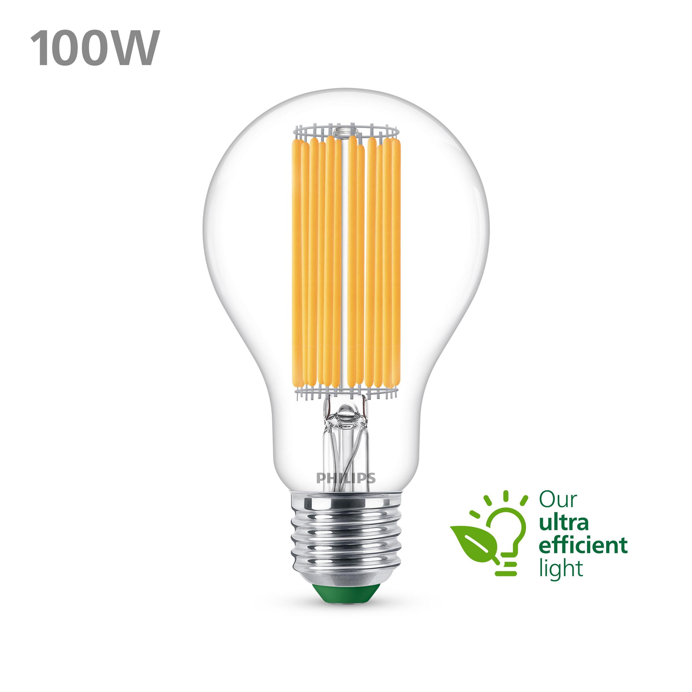 Una lampadina LED Philips da 100W con vetro trasparente e filamenti interni gialli.