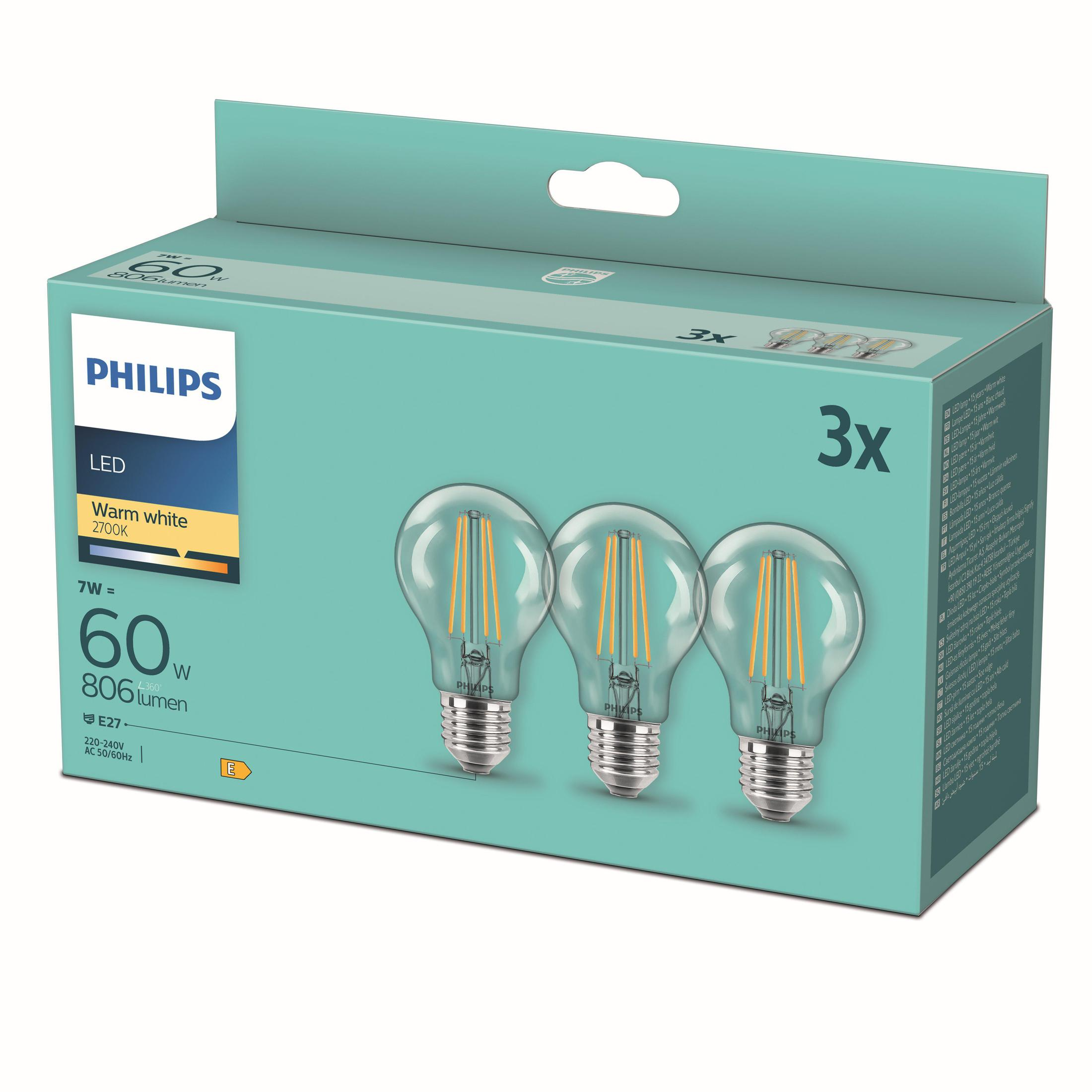 Schachtel mit drei LED-Glühbirnen. Die Schachtel zeigt die Glühbirnen.