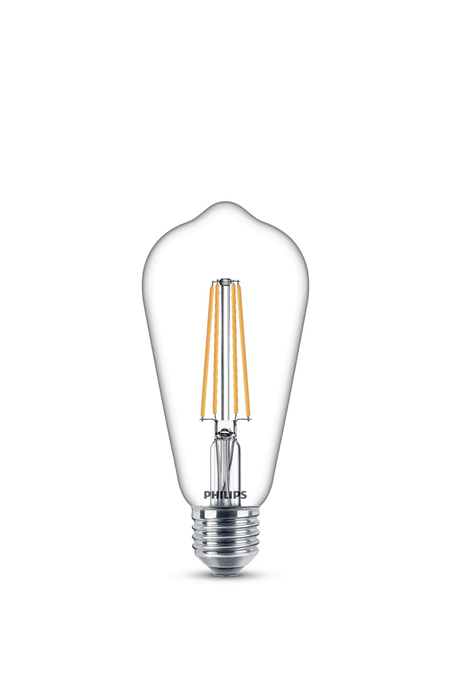 Eine klare Glühbirne mit orangefarbenen Filamenten, einem silbernen Sockel und dem Philips-Logo.