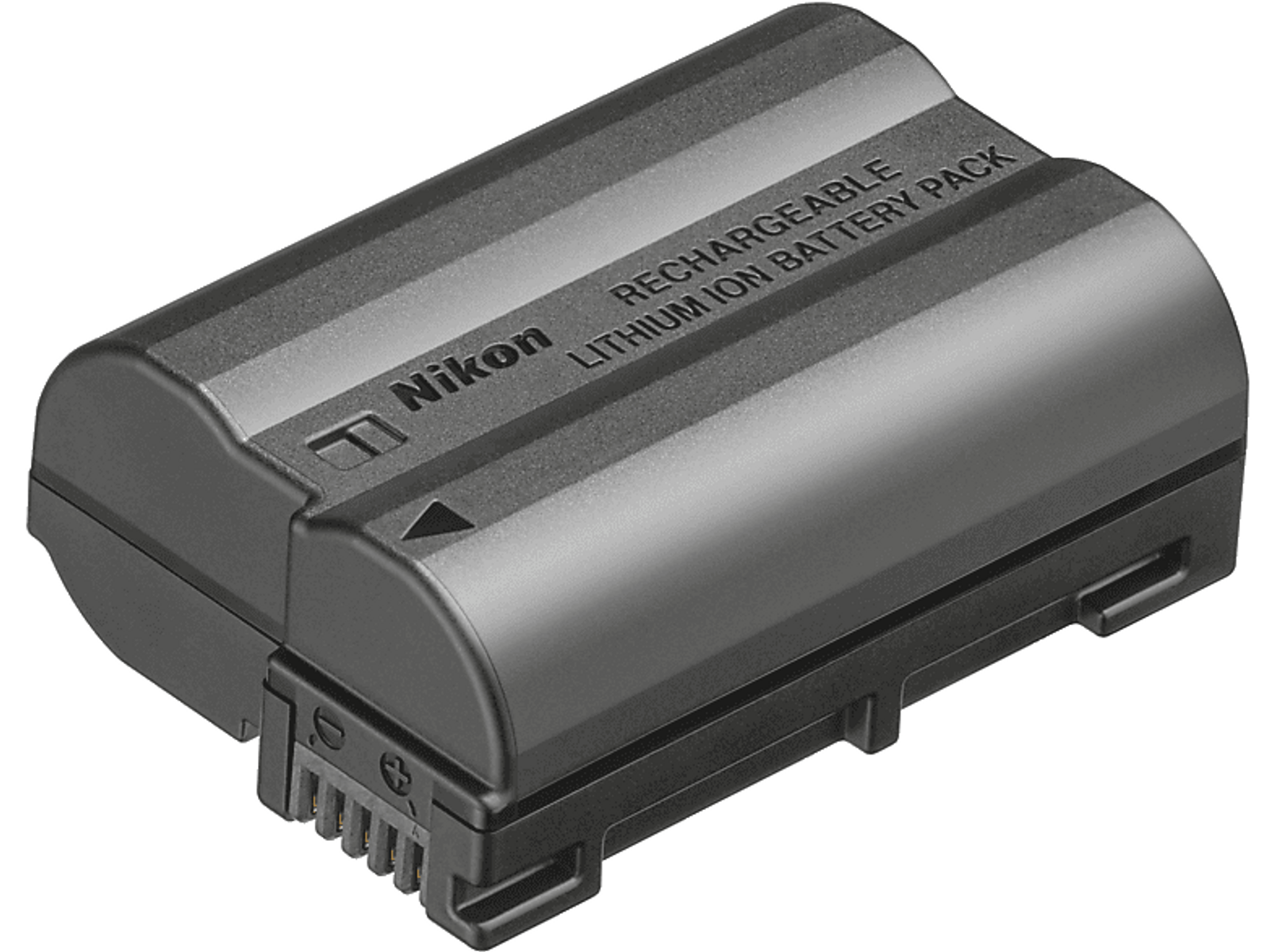 Batería recargable de iones de litio Nikon negra. Fondo blanco.