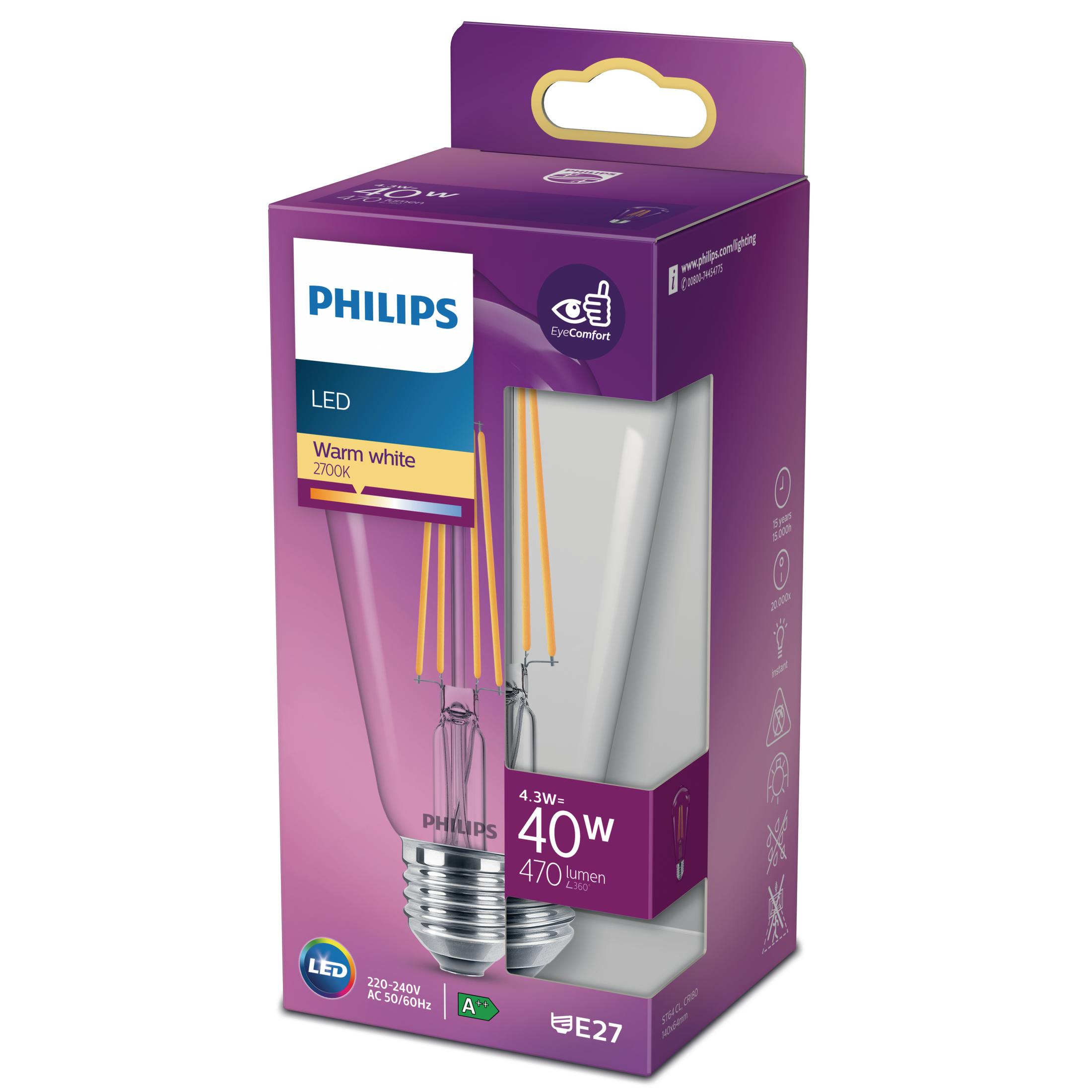 Philips LED-Glühbirne in lila-weißer Schachtel, Glühbirne sichtbar.
