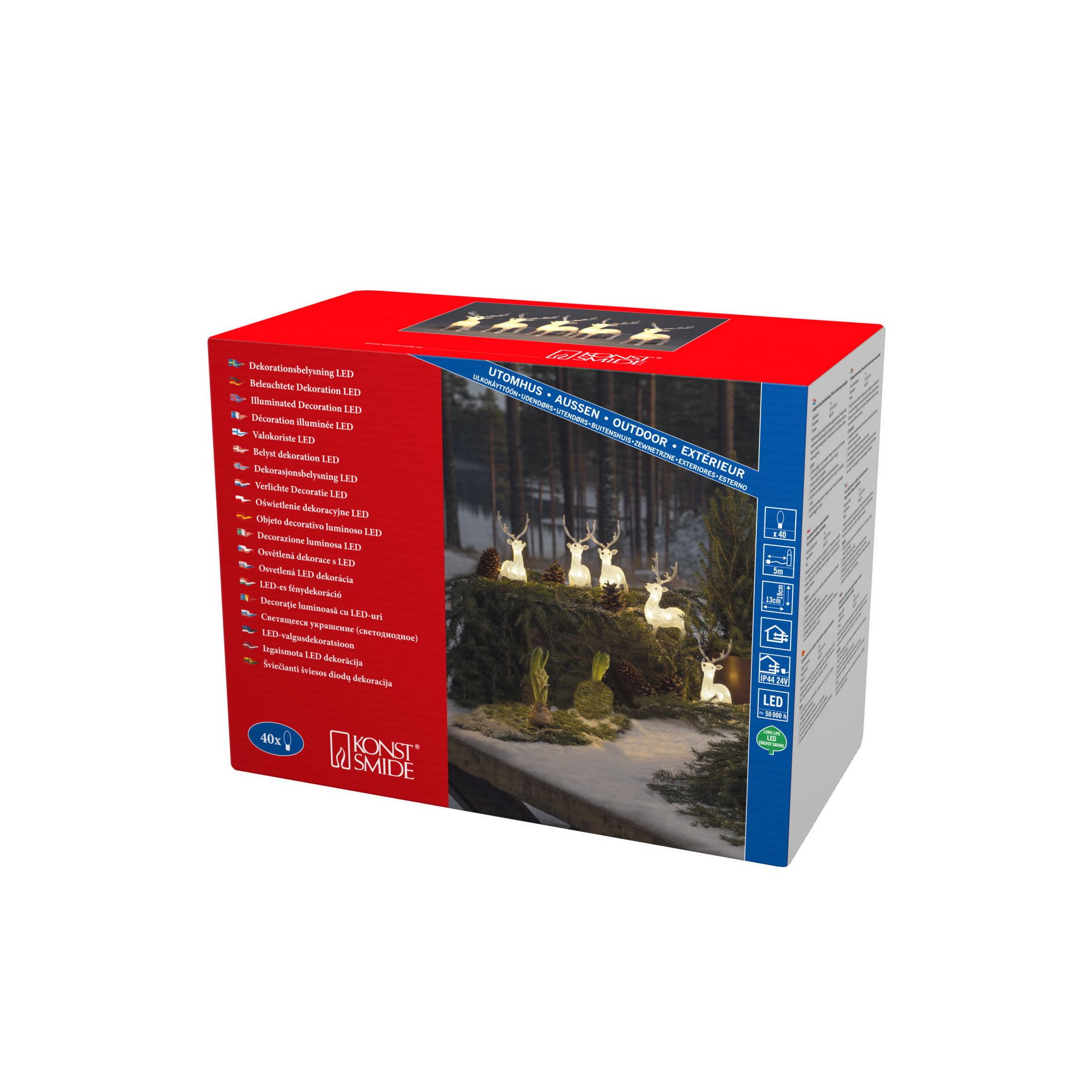 Pudełko z dekoracjami świątecznymi do użytku na zewnątrz z figurkami reniferów i światłami LED.