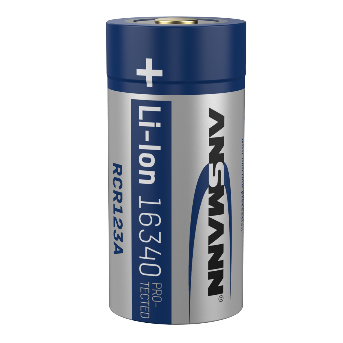 Een cilindrische ANSMANN Li-Ion batterij met positieve en negatieve markeringen en tekst.