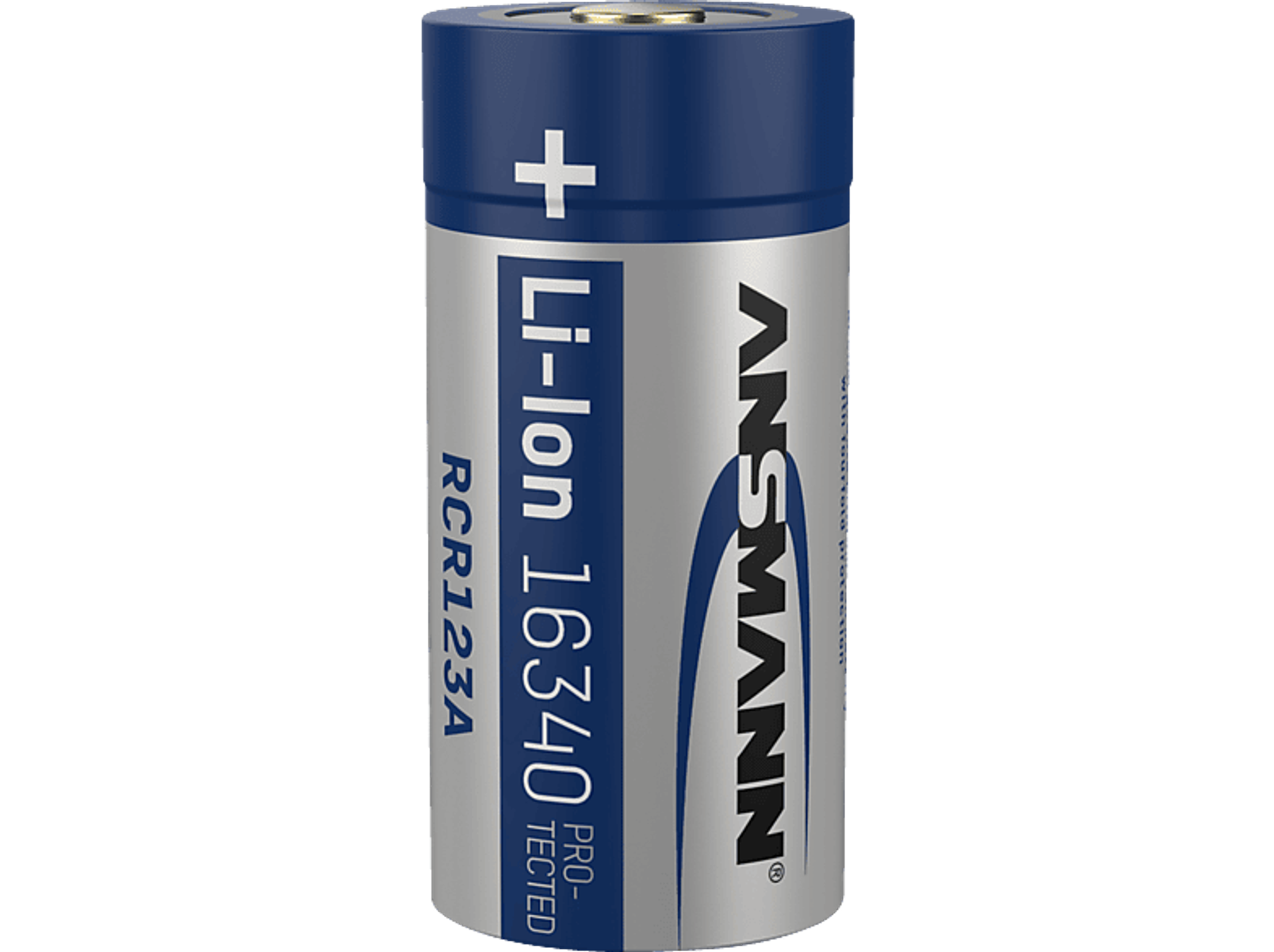 Blauwe en zilveren batterij met tekst. Leest: Li-Ion 16340. Met plus- en ANSMANN-logo.