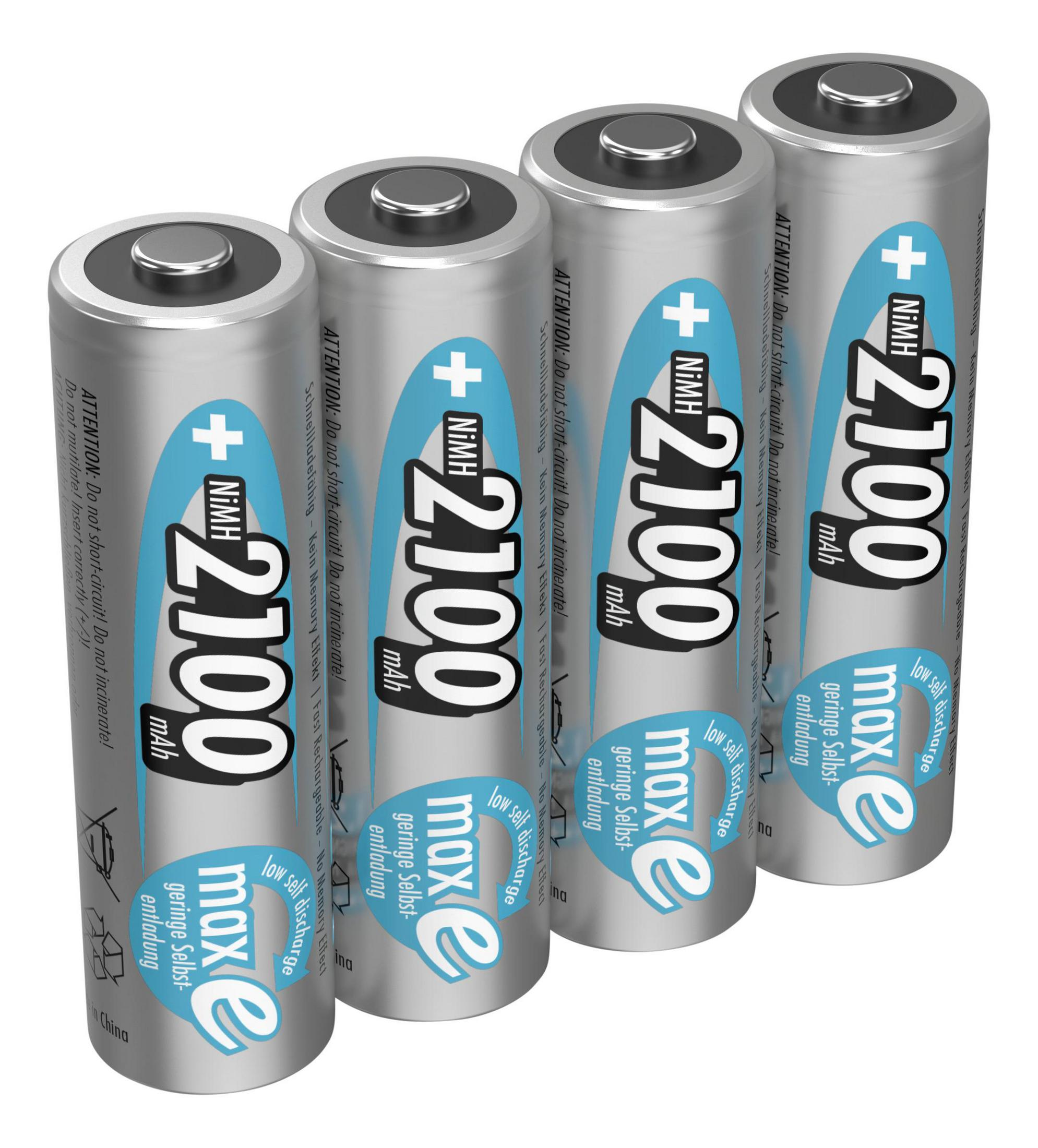 Vier AA-Batterien mit blauem Etikett und dem Text 2100 mAh, auf weißem Hintergrund.