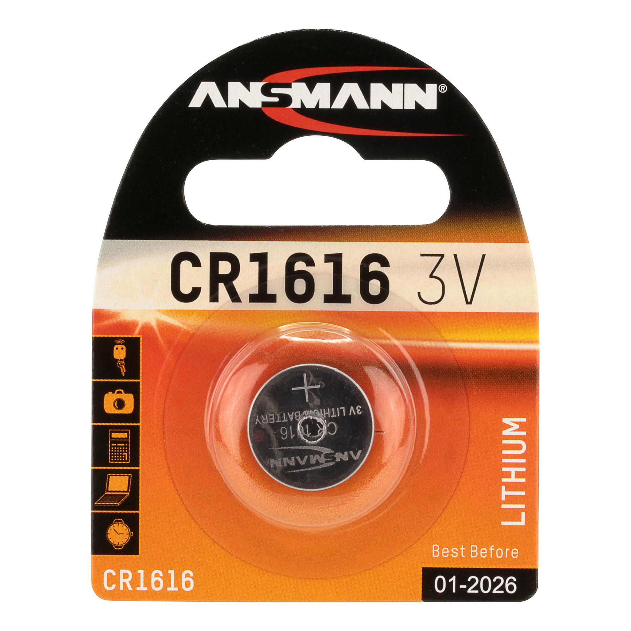 Okrągła bateria w blistrze, z napisem 'CR1616 3V' i datą przydatności do spożycia 'Best Before'.