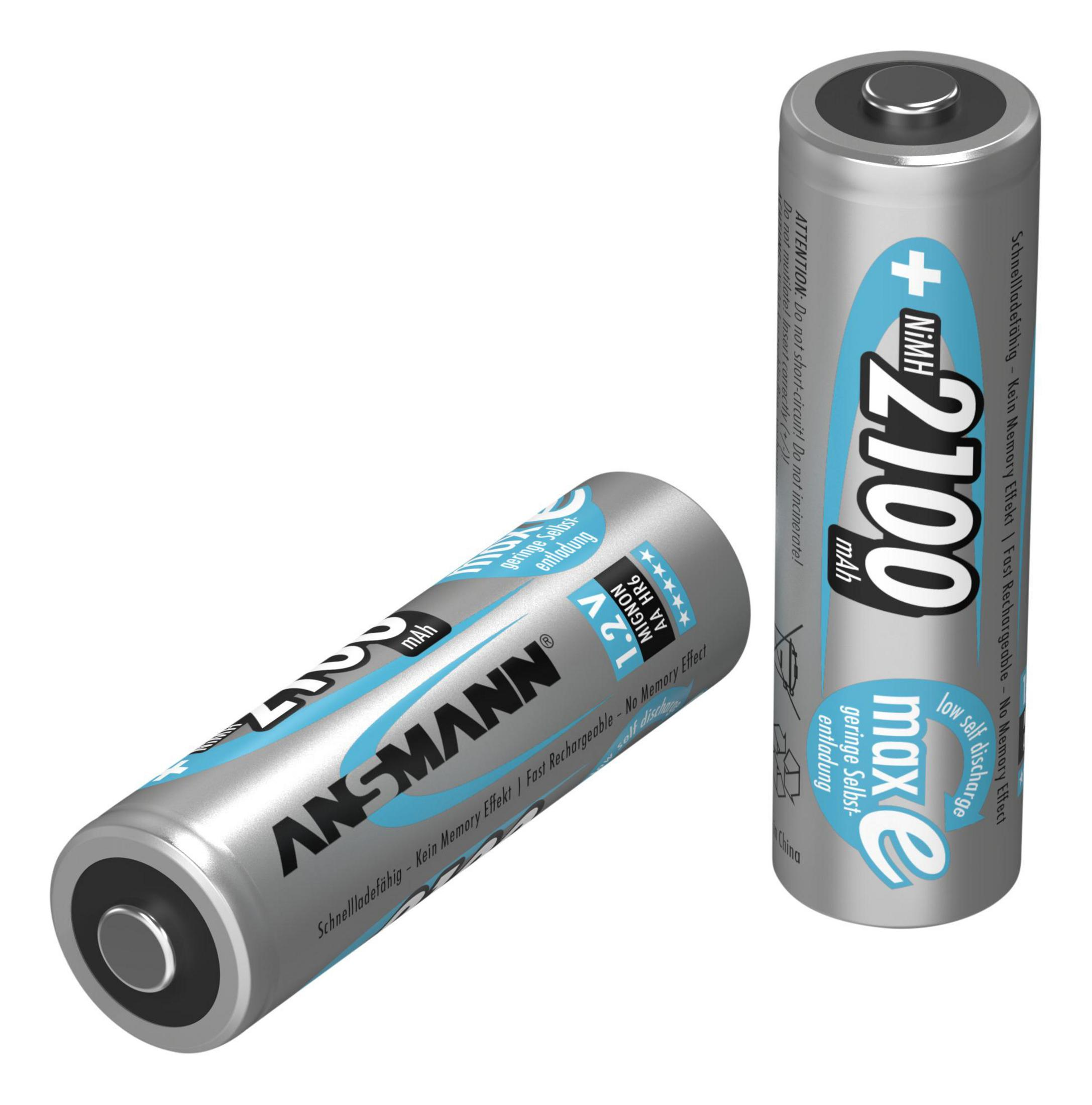 Zwei zylindrische Batterien, die aufrecht stehen. Die linke Batterie ist geneigt.