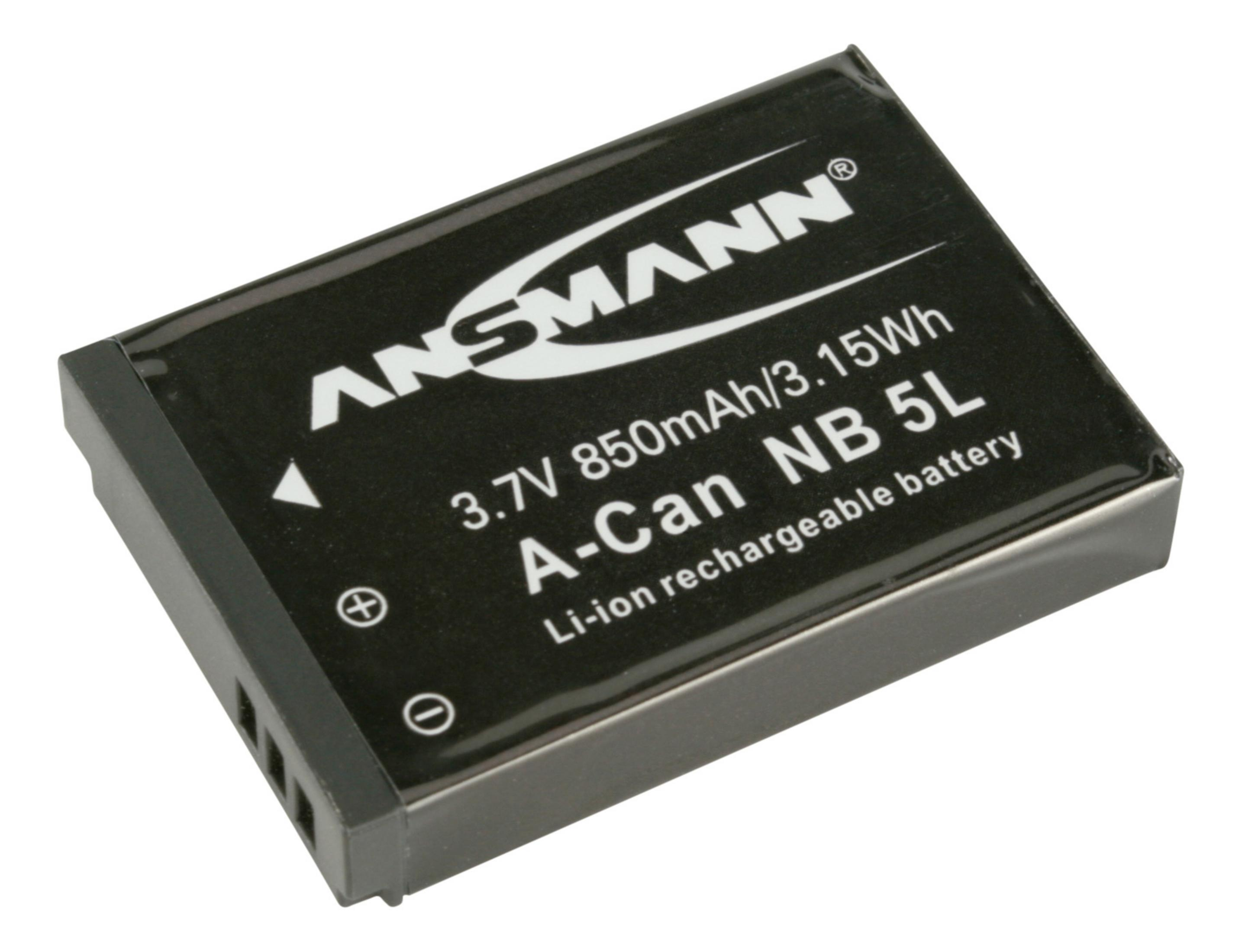 Schwarze Ansmann A-Can NB 5L Batterie. Text: 3,7V 850mAh/3,15Wh. Li-Ion Akku.