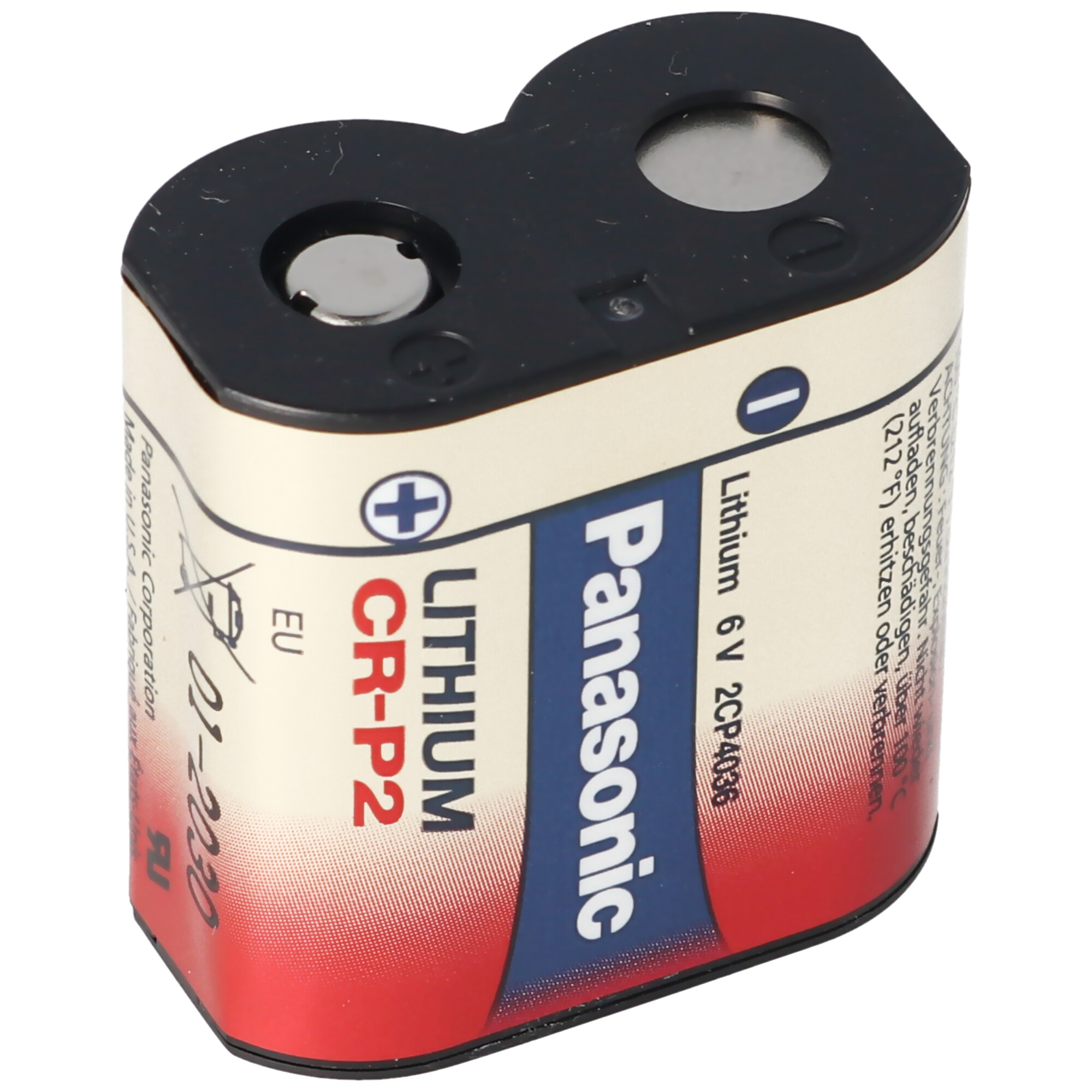 Panasonic CR-P2 Lithium 6V Batterie. Rotes und weißes Etikett. Schwarzer Körper.