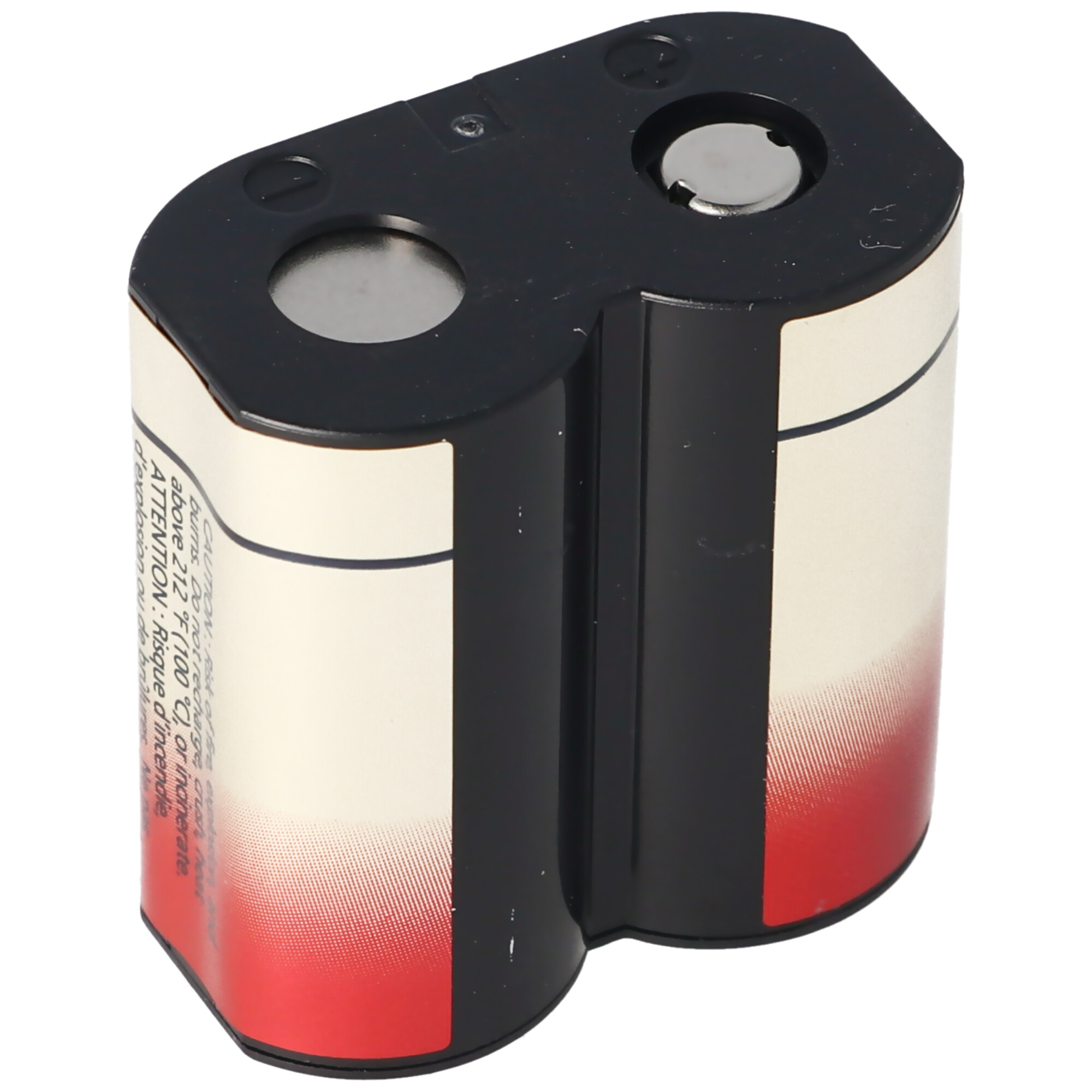 Eine kleine, schwarz-weiße Batterie mit rotem Boden. Sie hat zwei kreisförmige Anschlüsse.