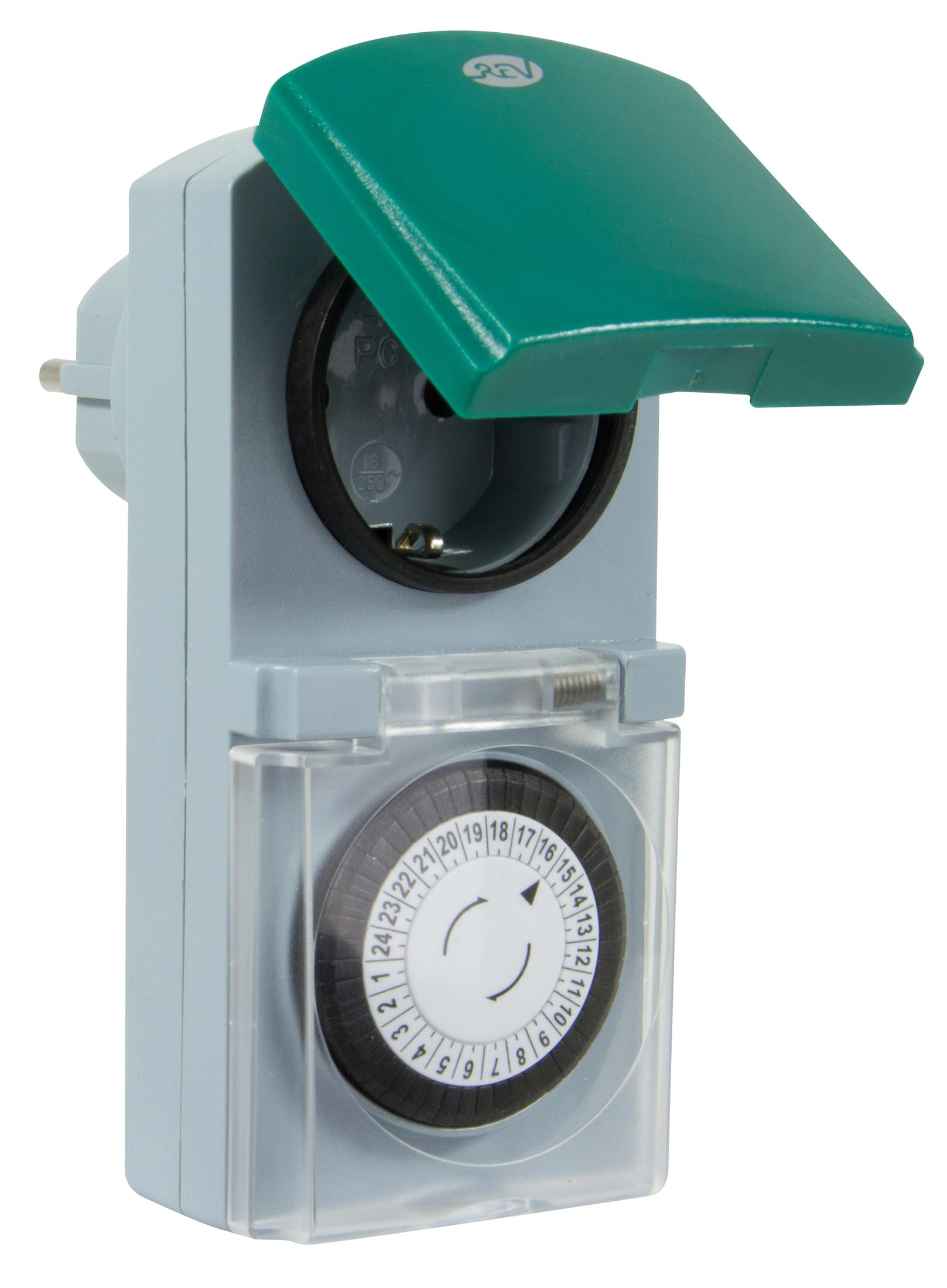 Timer grigio per esterni con coperchio verde, con quadrante di 24 ore.