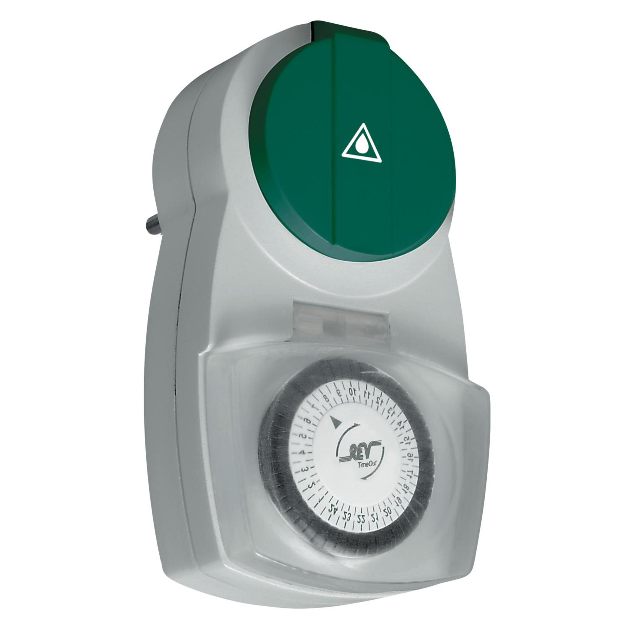 Timer REV TimeOut bianco e grigio. Pulsante verde. Quadrante nero con numeri. Sfondo bianco.