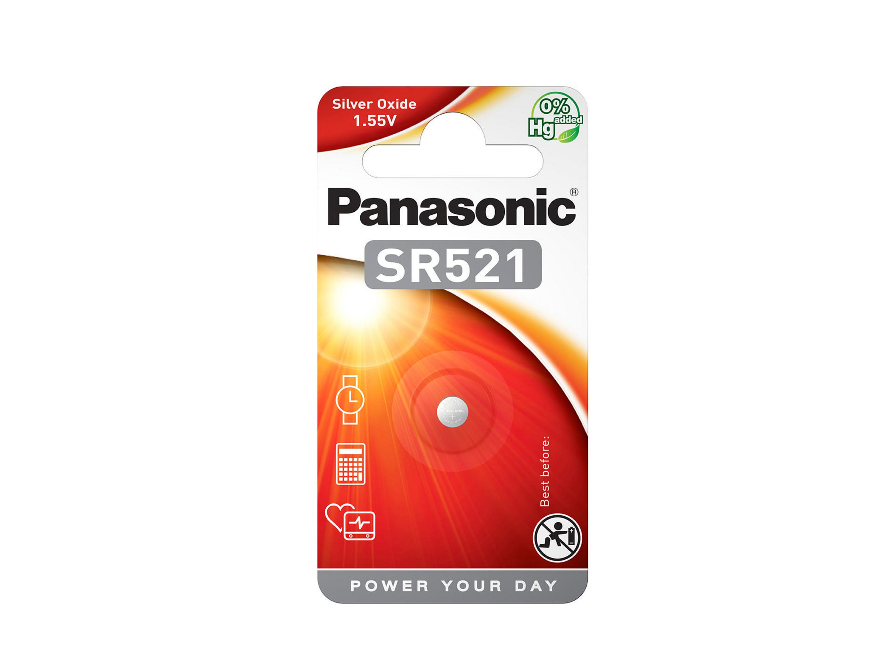 Panasonic SR521 Batterie auf einer rot-weißen Karte mit Symbolen und Text.