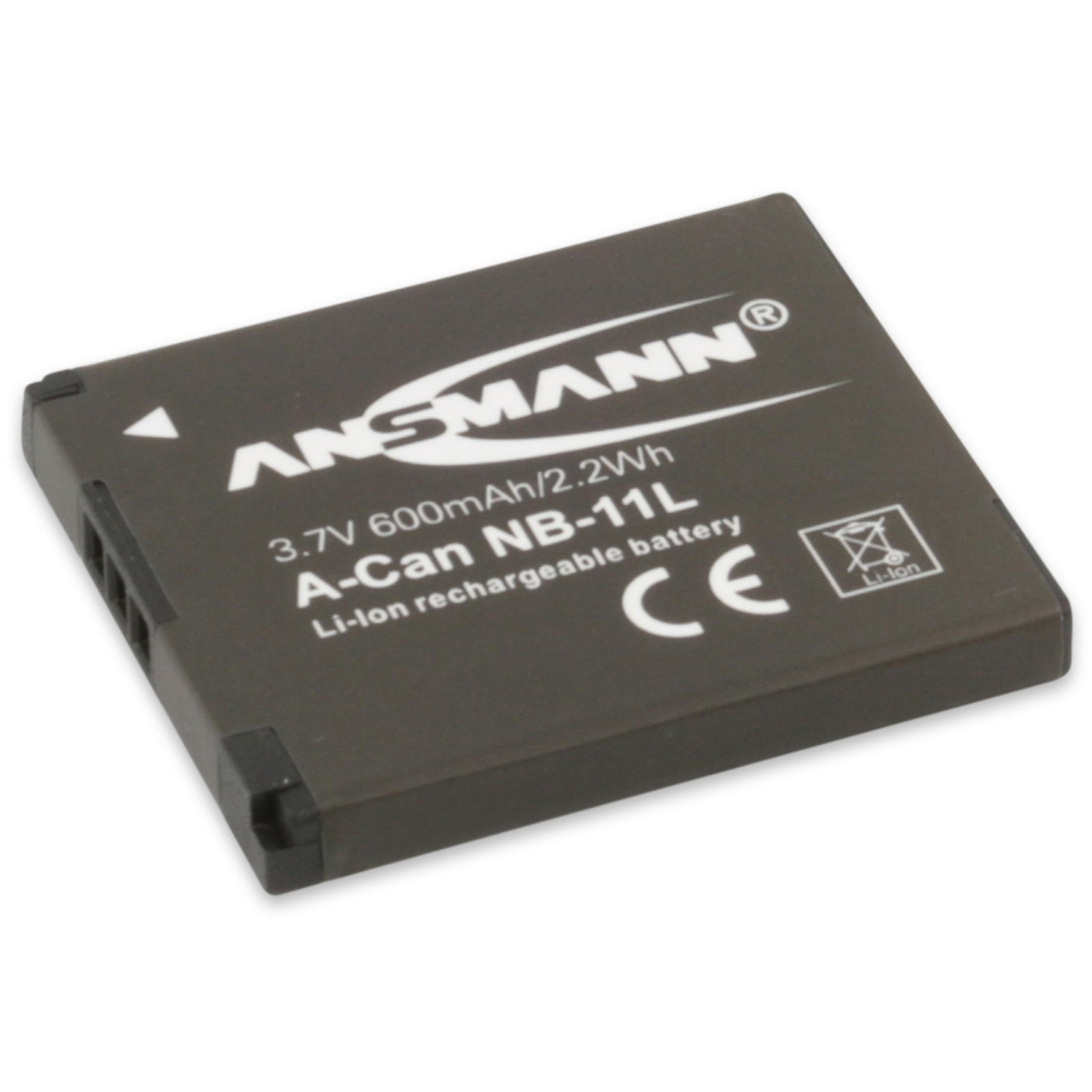 Schwarzer rechteckiger Akku mit weißer Beschriftung: 'ANSMANN', '3,7V 600mAh', 'A-Can NB-11L' und 'CE'.