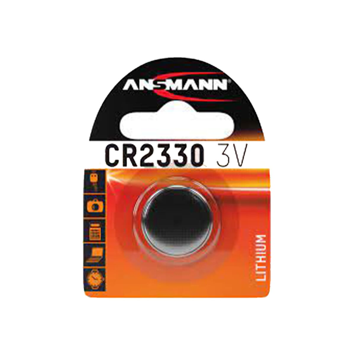 Bateria CR2330 3V w opakowaniu. Opakowanie jest pomarańczowe i czarne.