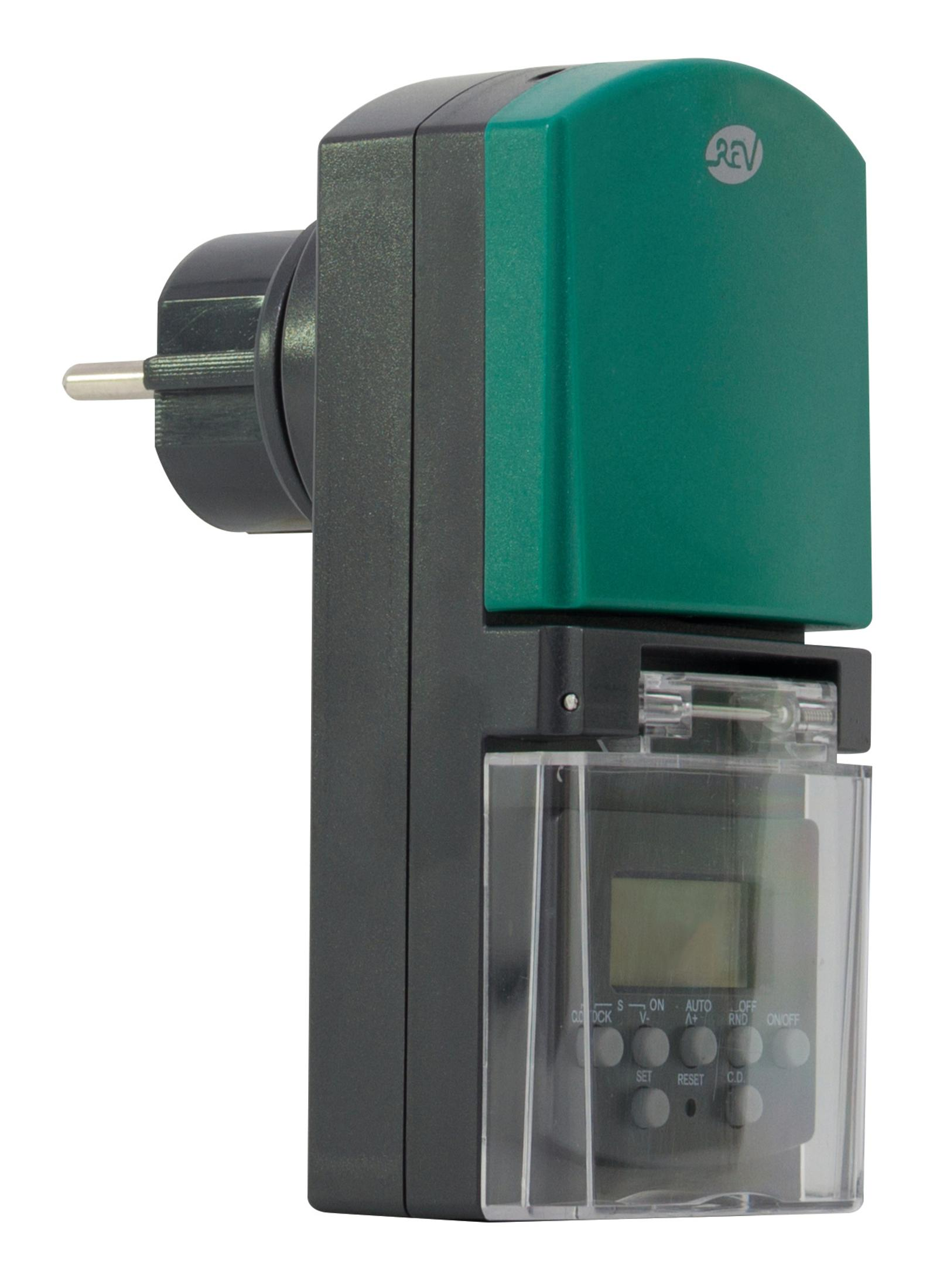 Schwarzer und grüner Timer mit Stecker. Klares Display mit Tasten und einer transparenten Abdeckung.