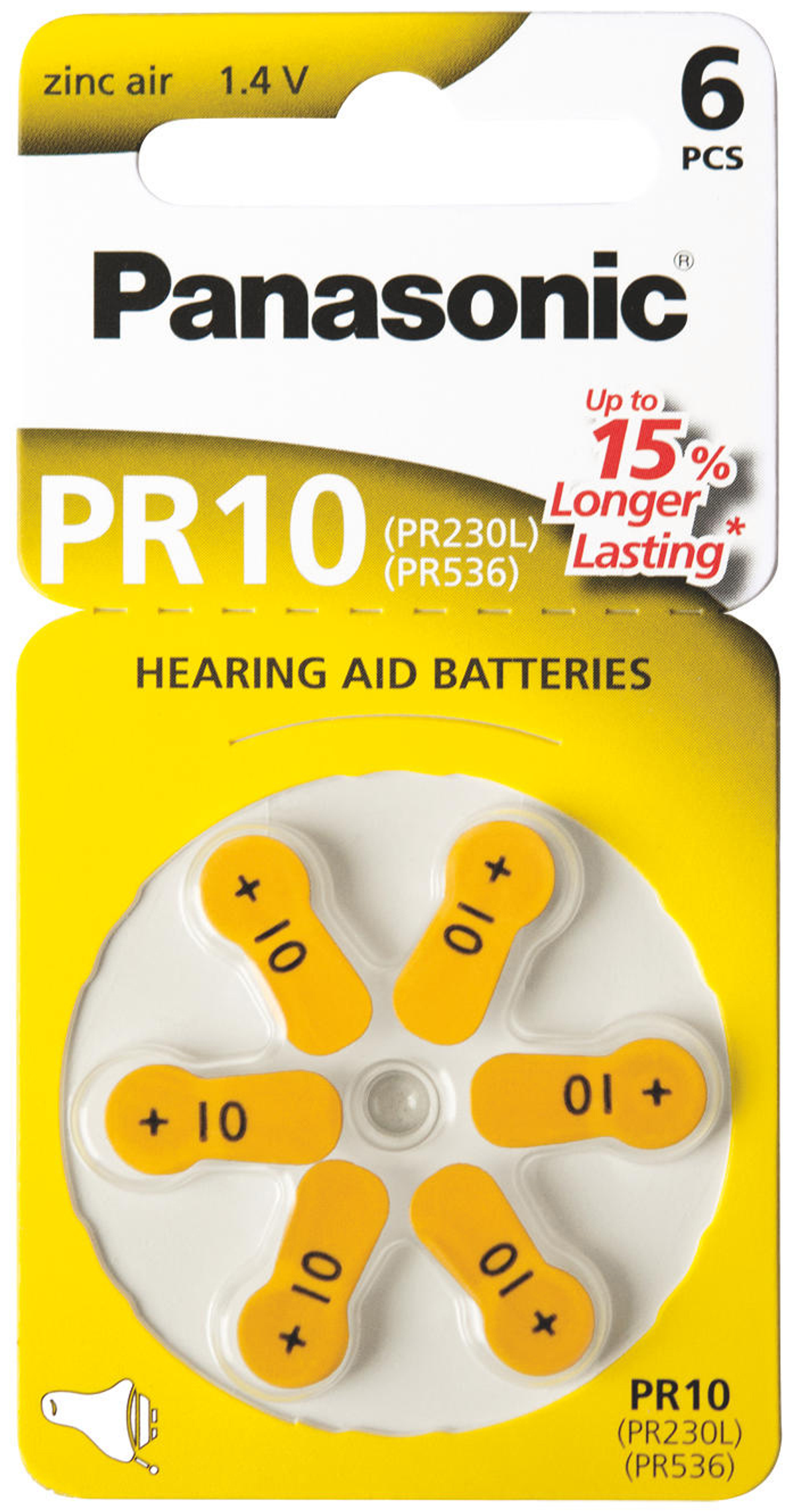 Opakowanie sześciu żółtych baterii do aparatów słuchowych na białym tle. Każda bateria ma 10.