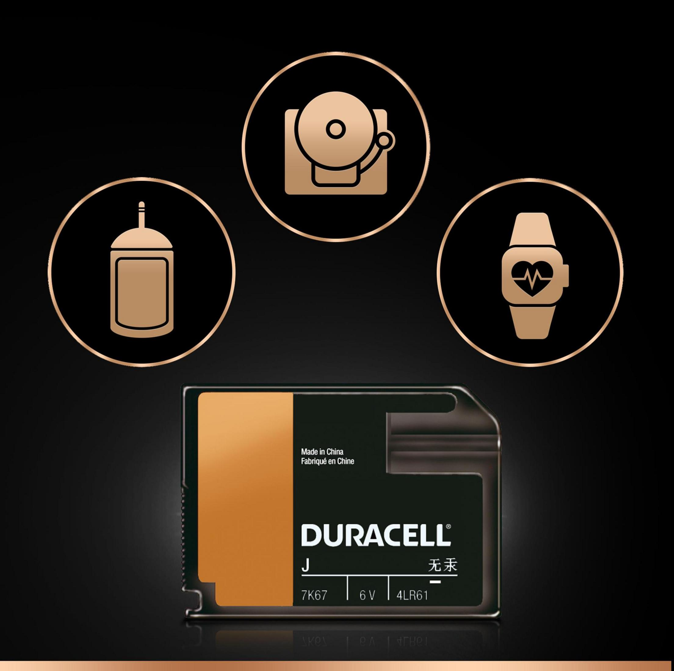 Schwarzer Hintergrund mit goldenen Symbolen: Glocke, Flasche, Smartwatch und eine Duracell-Batterie.