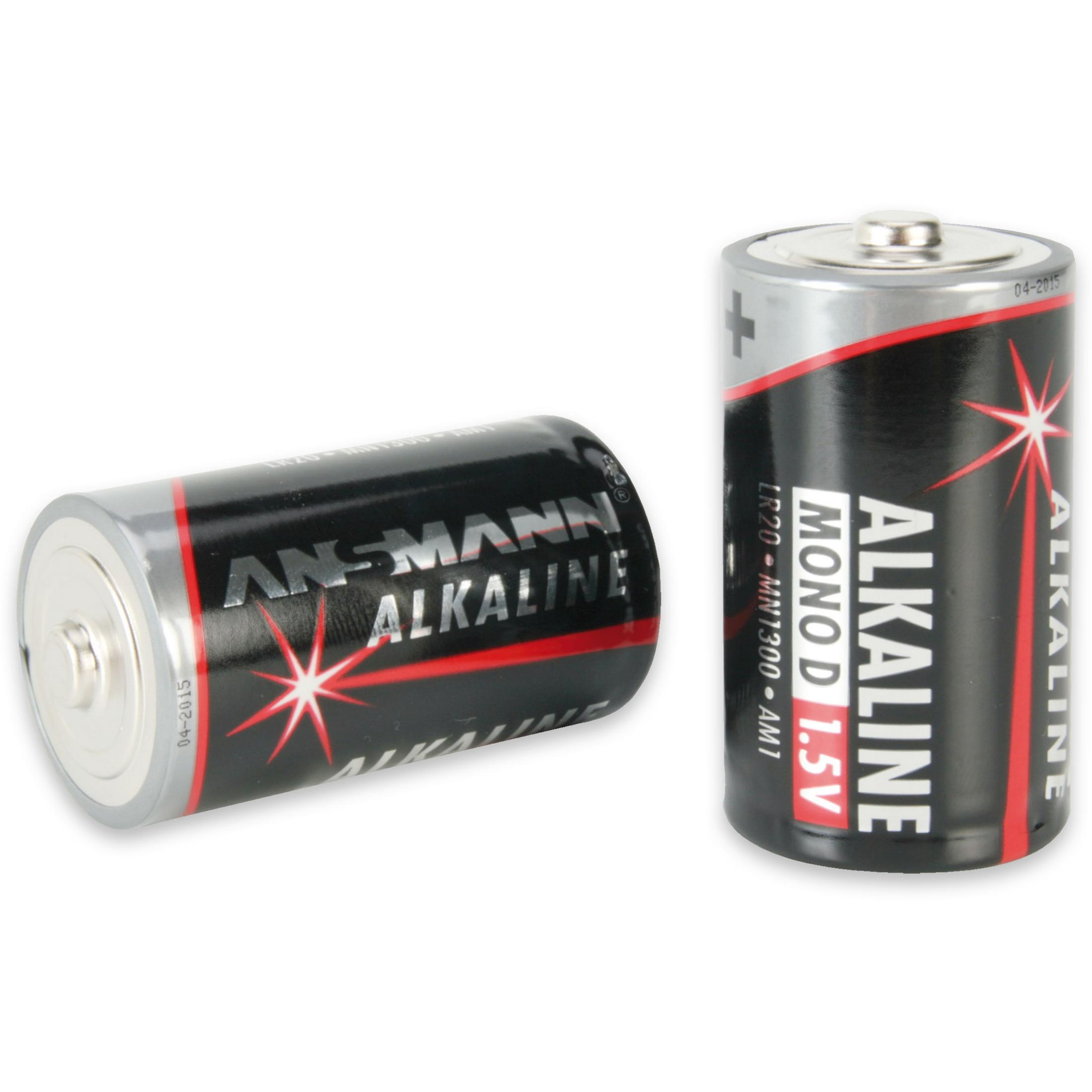 Dwie czarno-srebrne baterie alkaliczne Ansmann, jedna leżąca, druga stojąca.