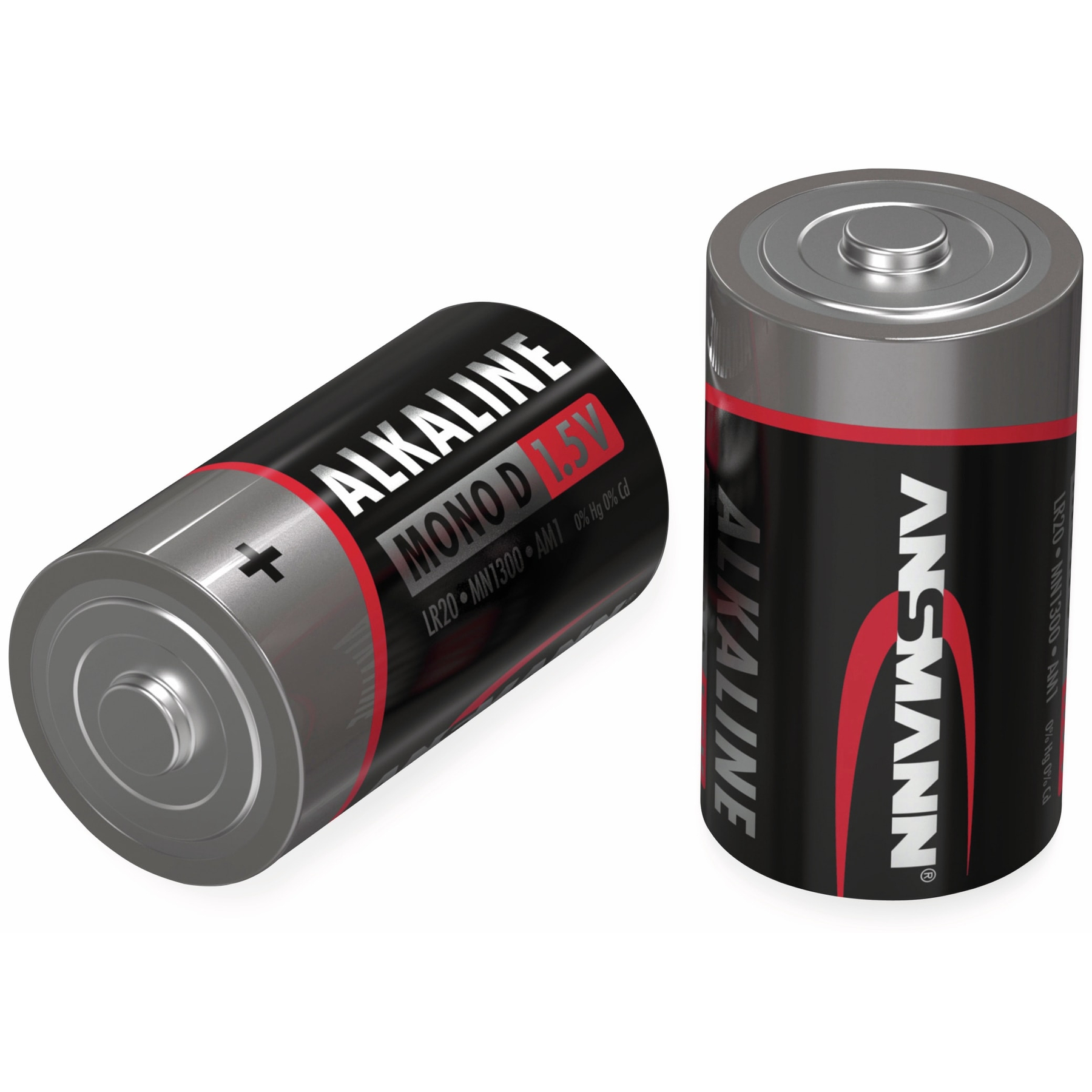 Dwie czarno-srebrne baterie alkaliczne AA, jedna pochylona, z tekstem i szczegółami.