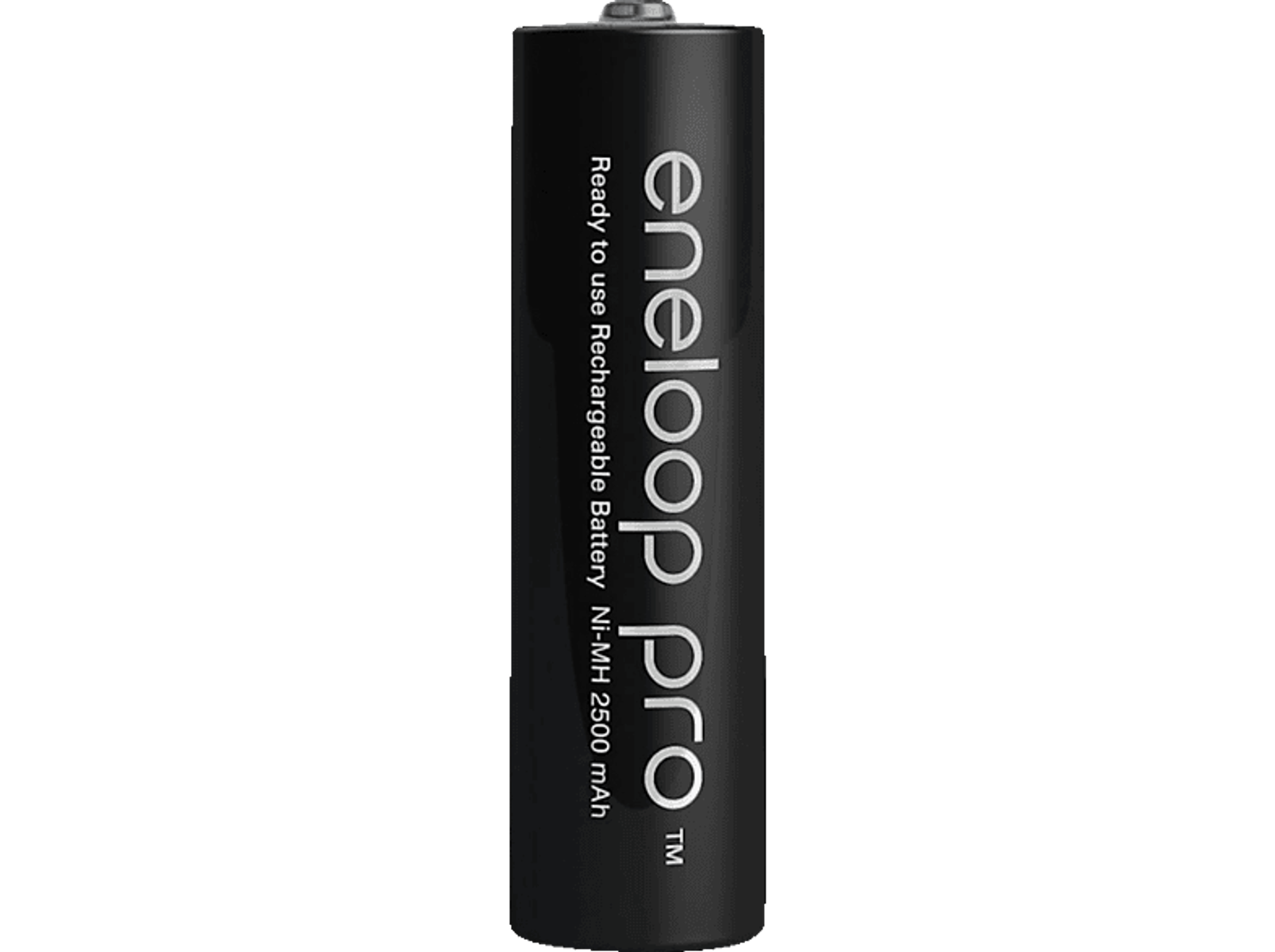 A black AA battery with white text: 'eneloop pro'. The battery is on a black background.