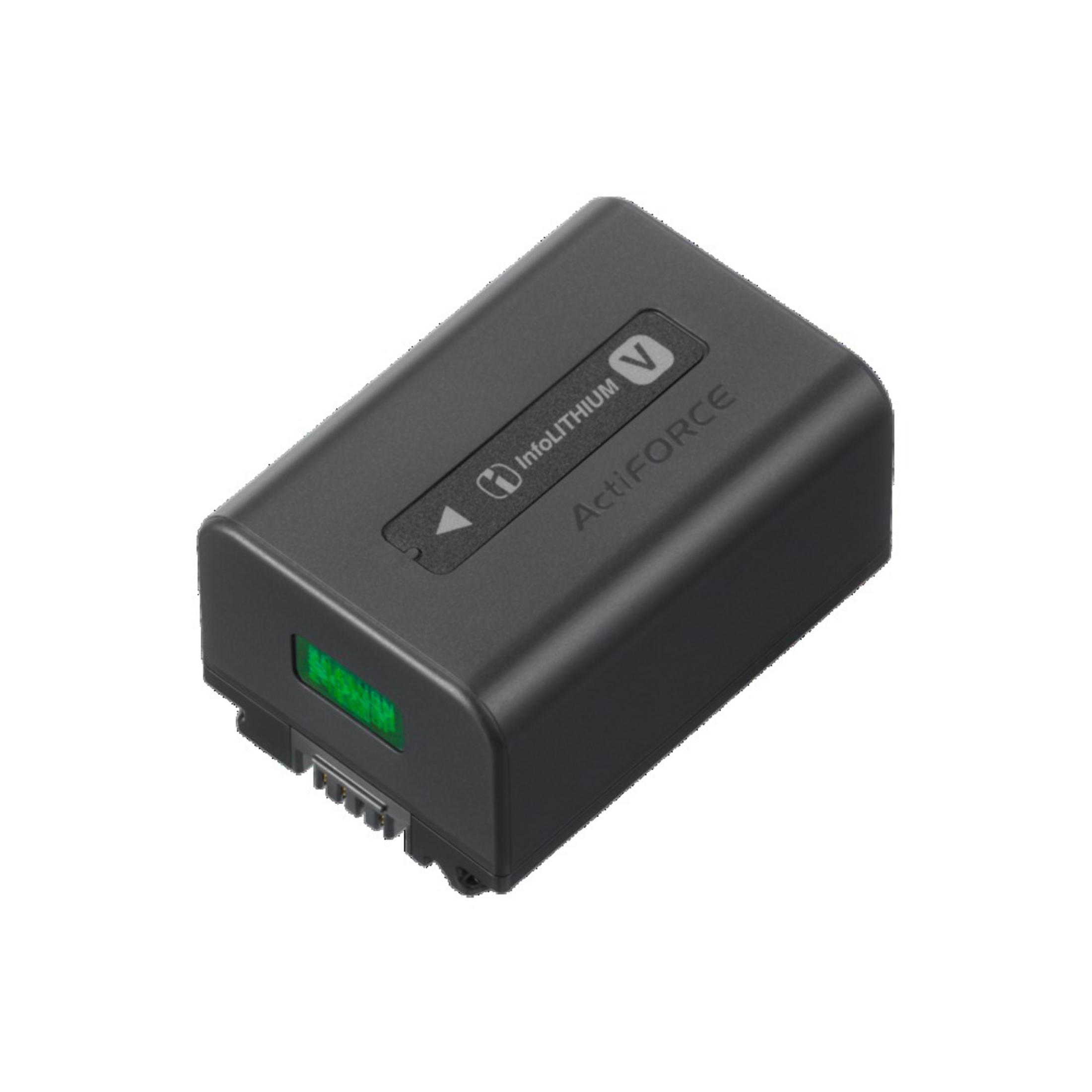 Une batterie noire ActiFORCE InfoLithium V avec un indicateur vert. La batterie est sur fond blanc.