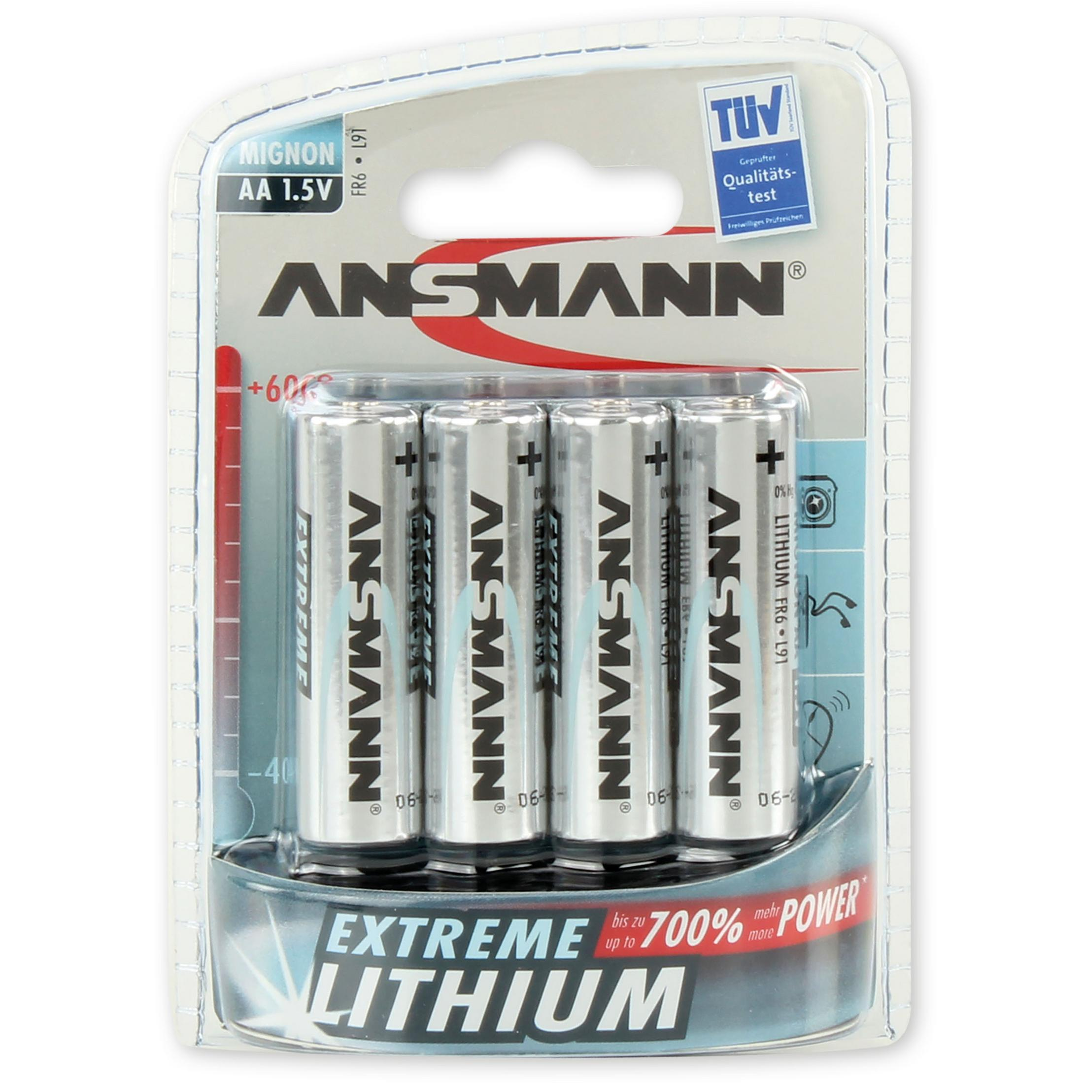 Packung AA-Batterien, beschriftet ANSMANN EXTREME LITHIUM. Blaue und silberne Verpackung.