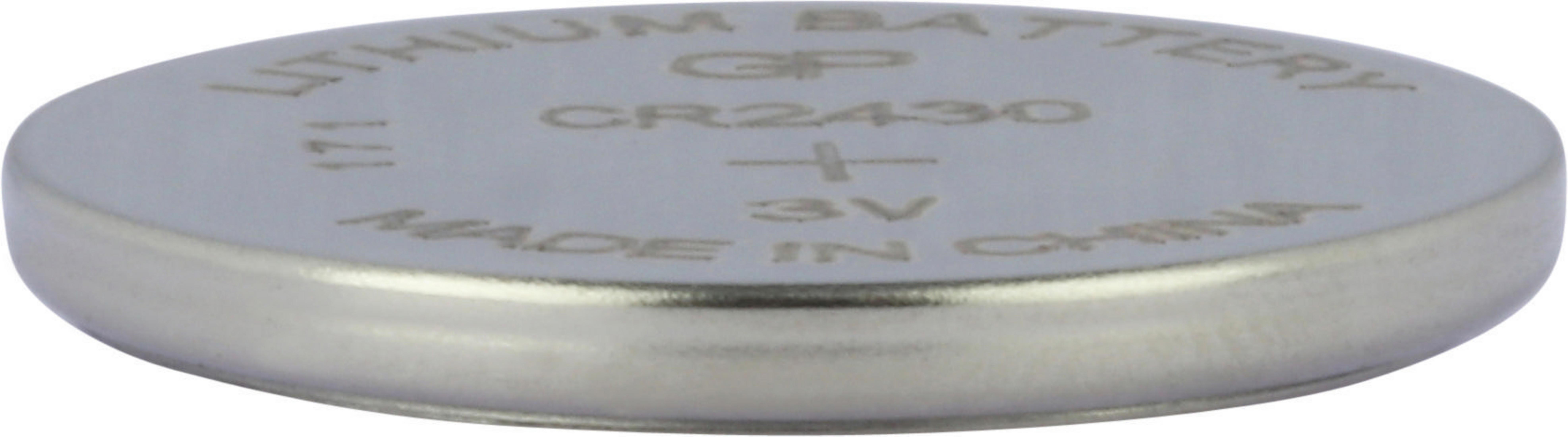 Silberne Knopfzelle, 3V, mit silbernem Text. Made in China ist sichtbar.