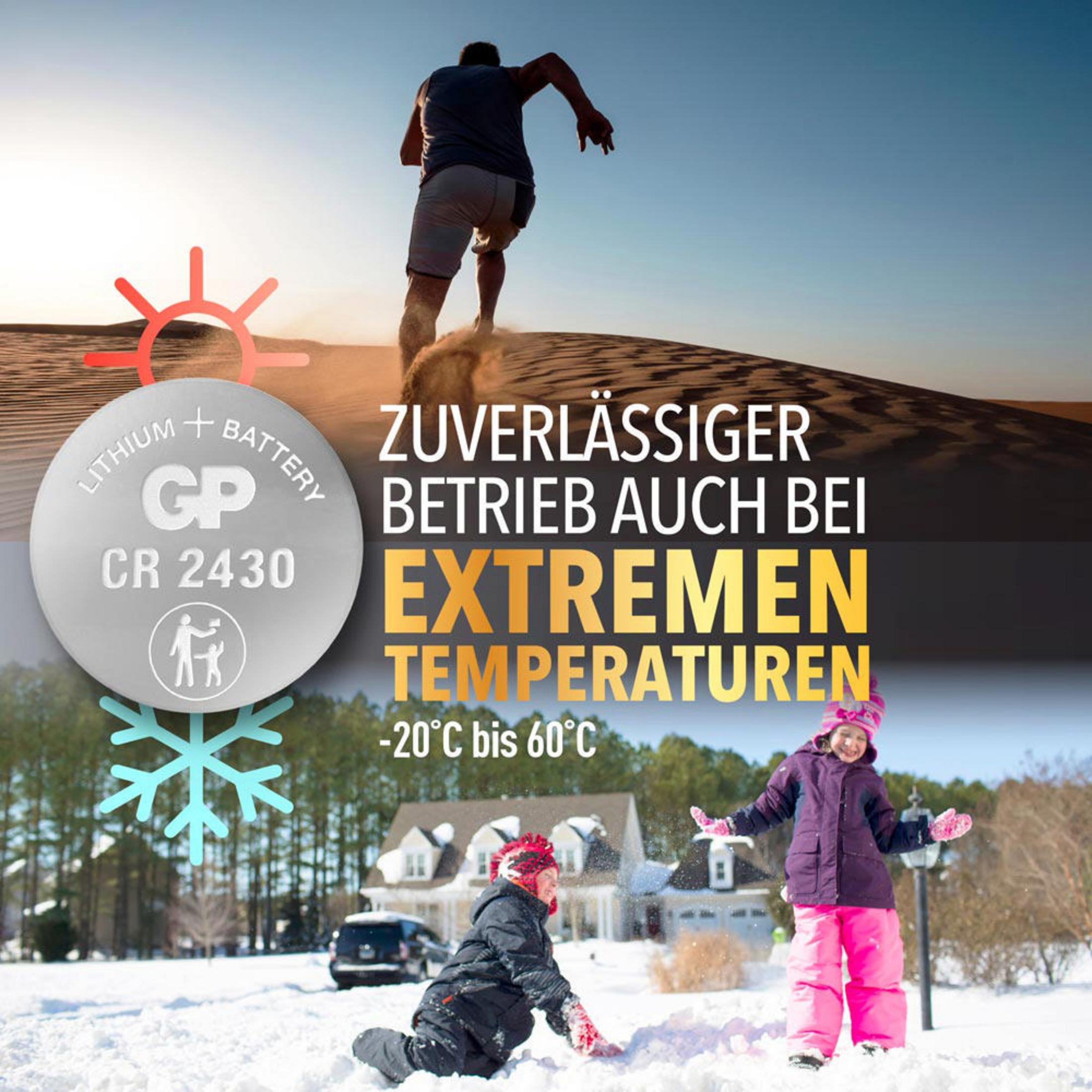 Bild zeigt Batterie, rennende Person und spielende Kinder im Schnee; Text lautet: 'Extreme Temperaturen'.