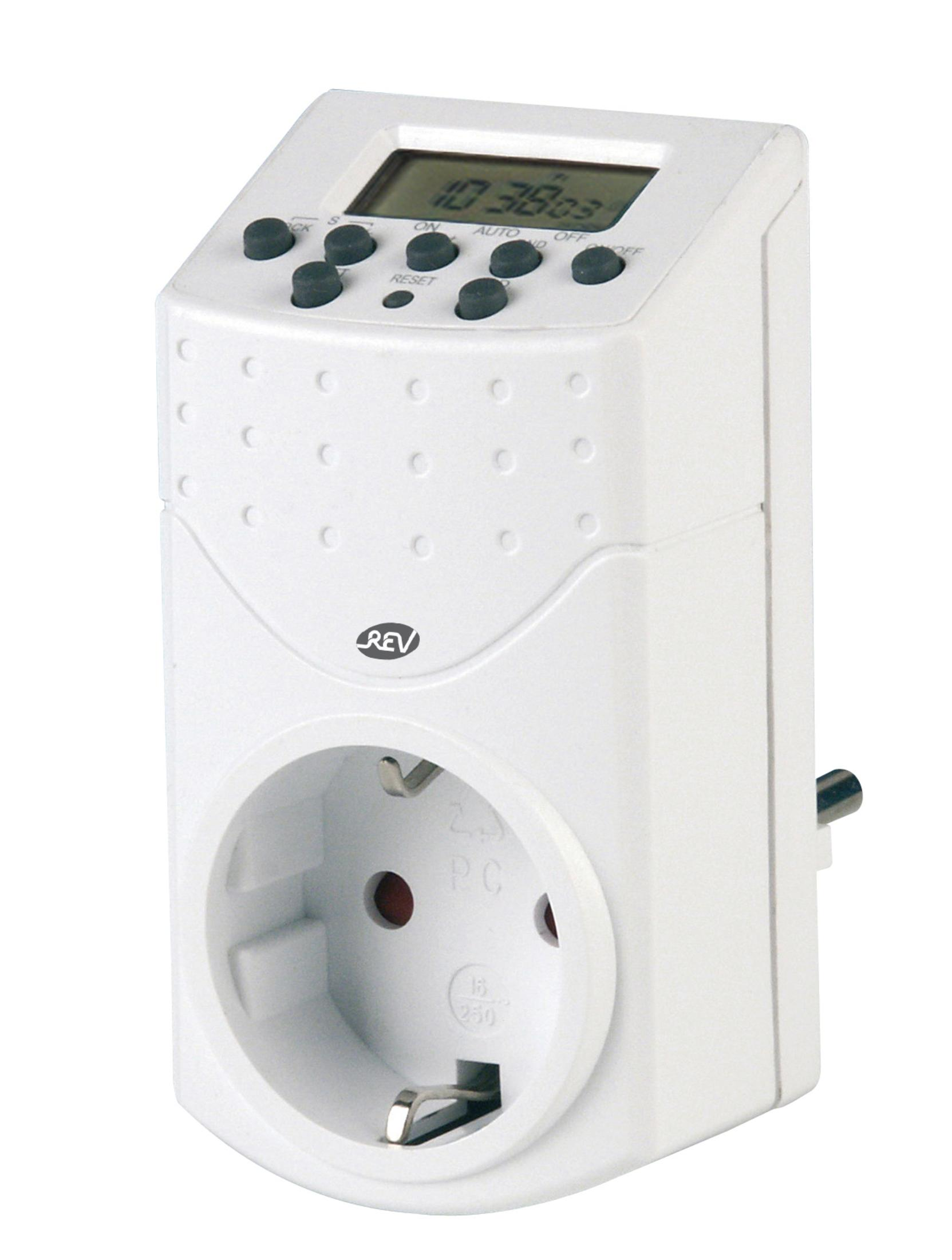 Weißer digitaler REV-Timer mit Display und Knöpfen.