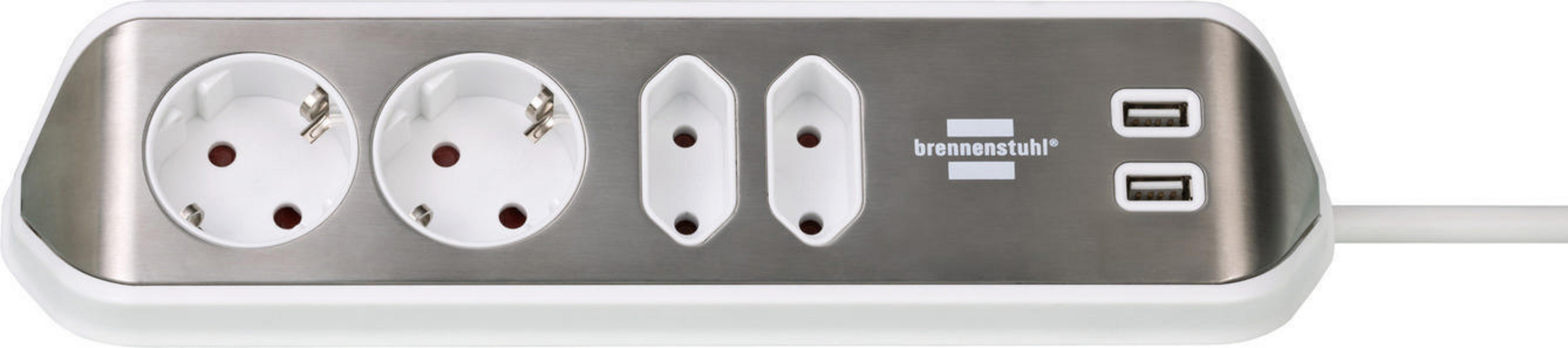 Eine Steckdosenleiste mit Steckdosen und USB-Anschlüssen. Sie ist silber und weiß, mit dem Logo 'brennenstuhl'.