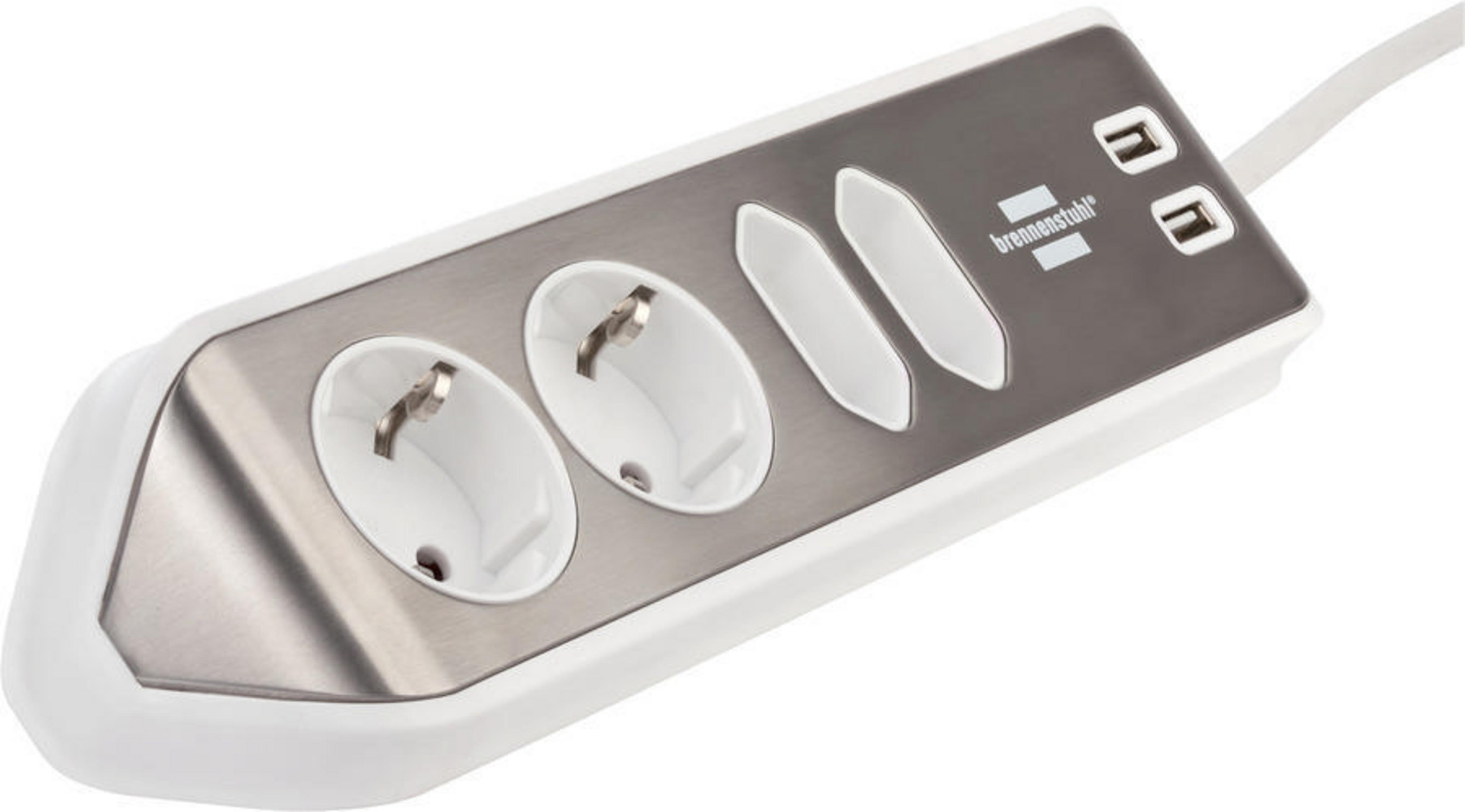 Weißes und silbernes Verlängerungskabel mit zwei Steckdosen, zwei USB-Anschlüssen und weißem Kabel.