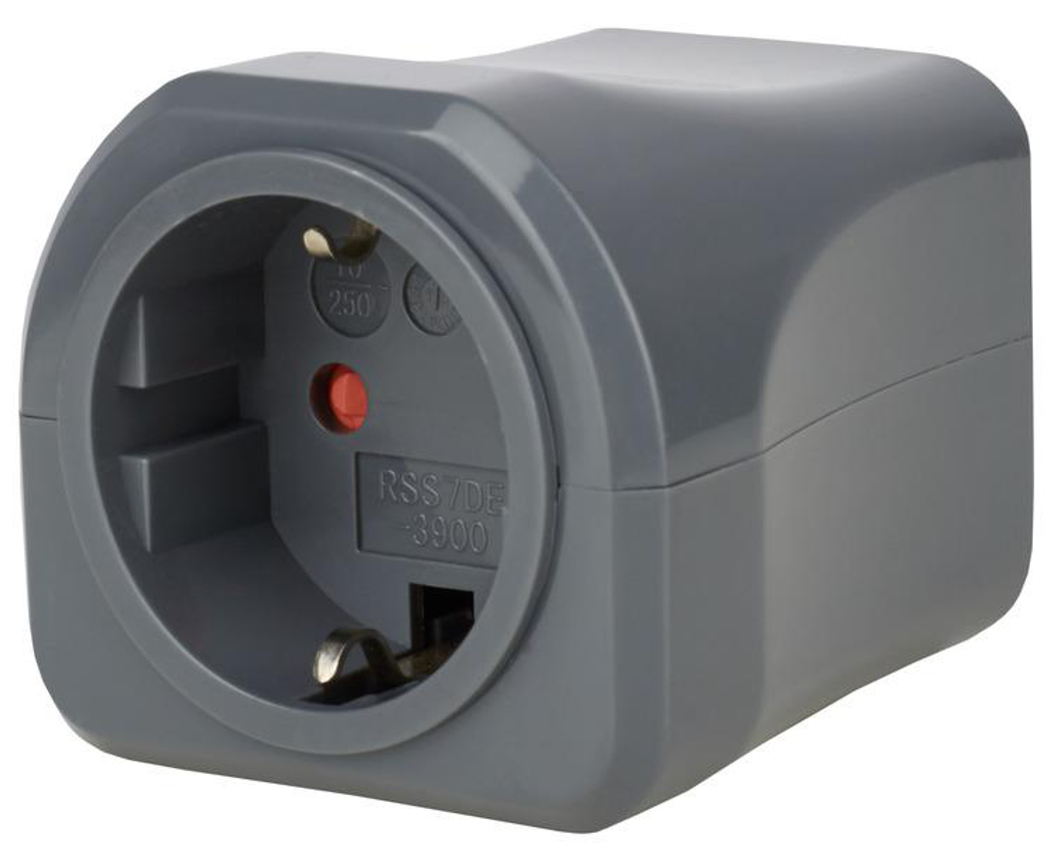 Un adattatore elettrico grigio con una singola presa. Ha una spia rossa e delle marcature.