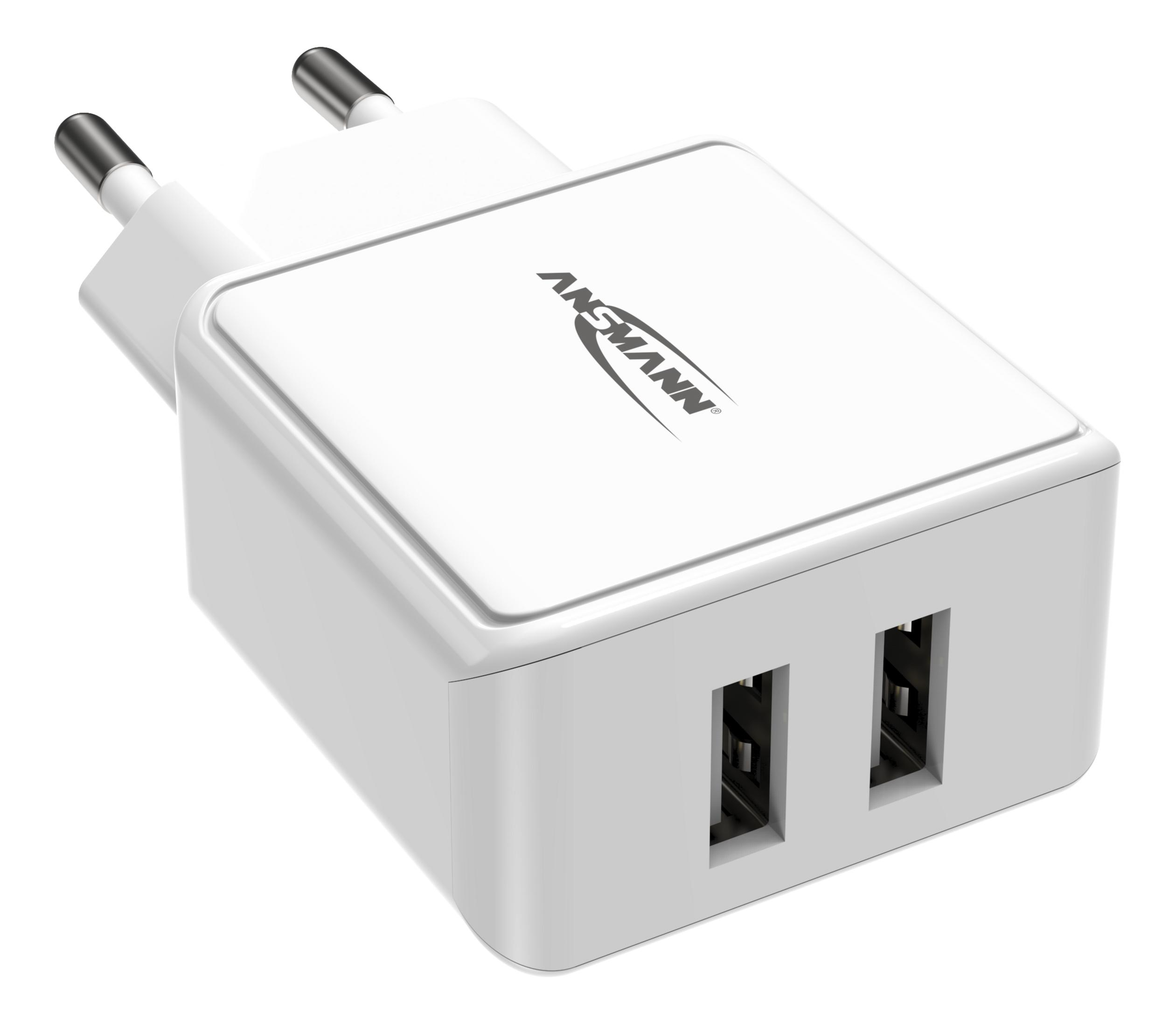 Caricabatterie USB ANSMANN bianco con due porte USB.