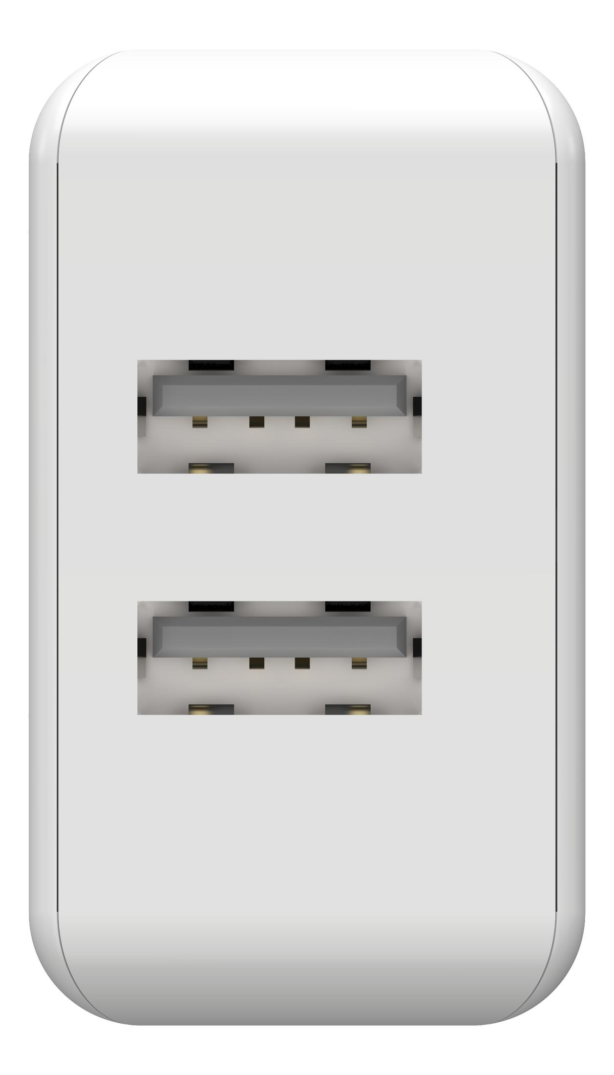 Un adattatore di alimentazione bianco con due porte USB visibili sulla superficie.