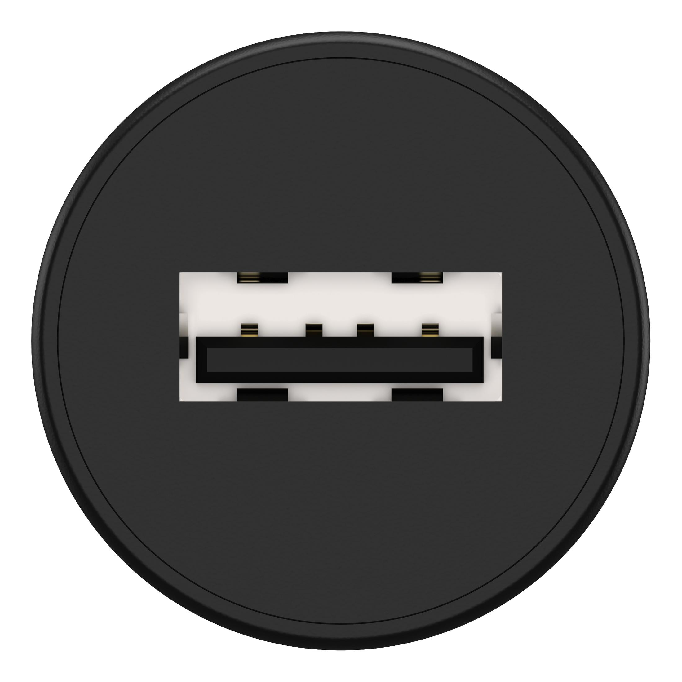 Primo piano di una porta USB nera. Ha una forma circolare, con un'apertura rettangolare al centro.