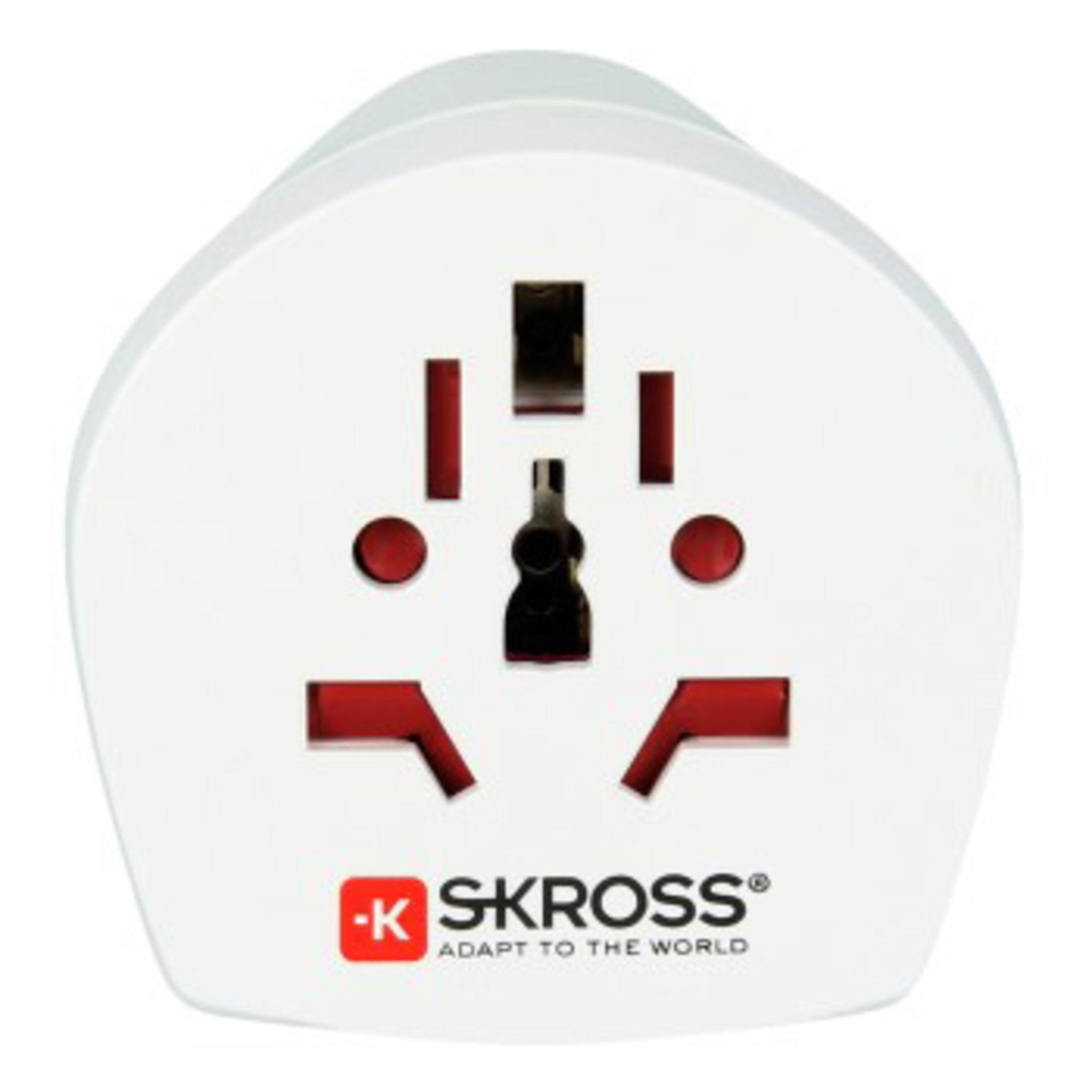 Ein weißer Universal-Reiseadapter mit roten und schwarzen Steckdosen und einem Logo mit der Aufschrift SKROSS.
