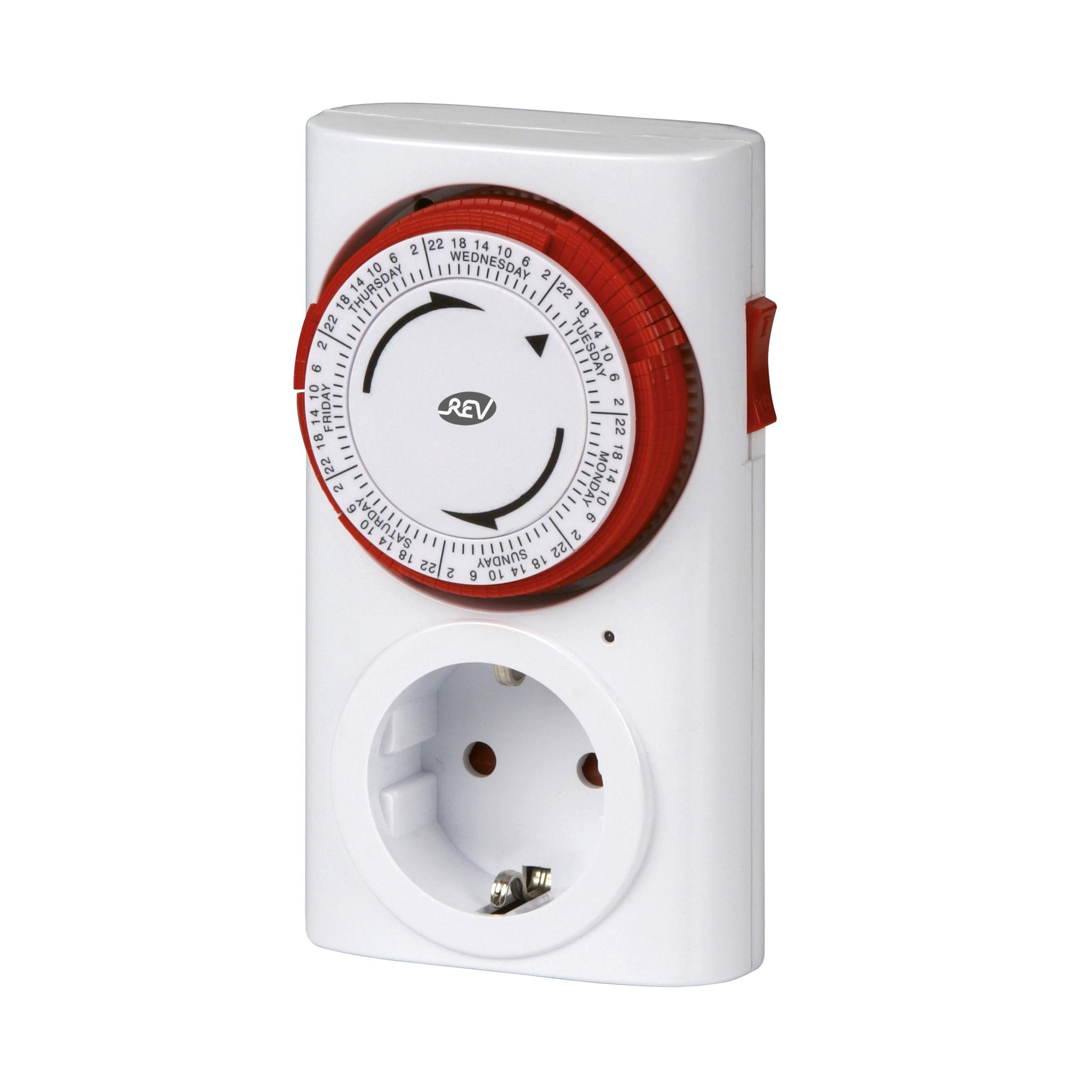 Timer bianco con quadrante rosso e presa.